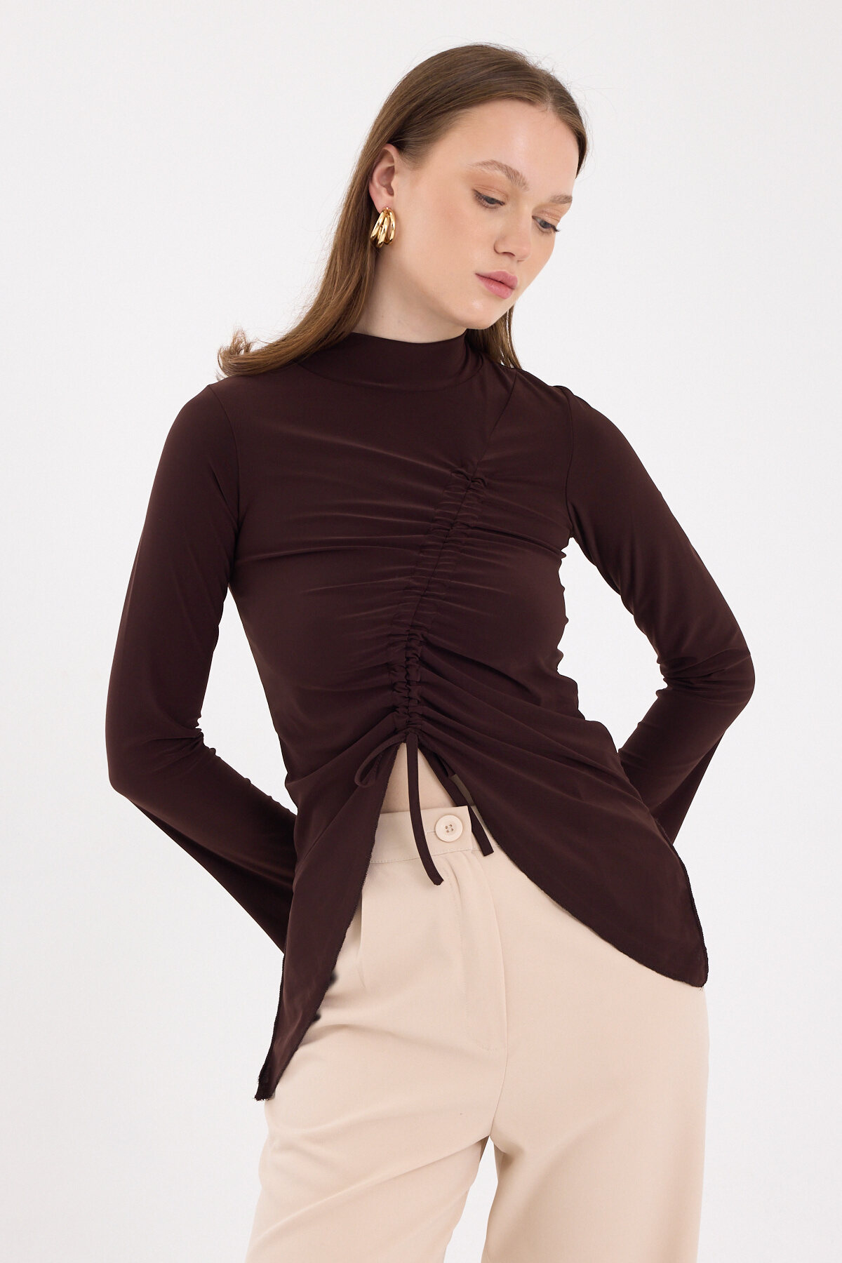 Acı Kahve Büzgü Detaylı Balıkçı Yaka Bluz 2458 - 6