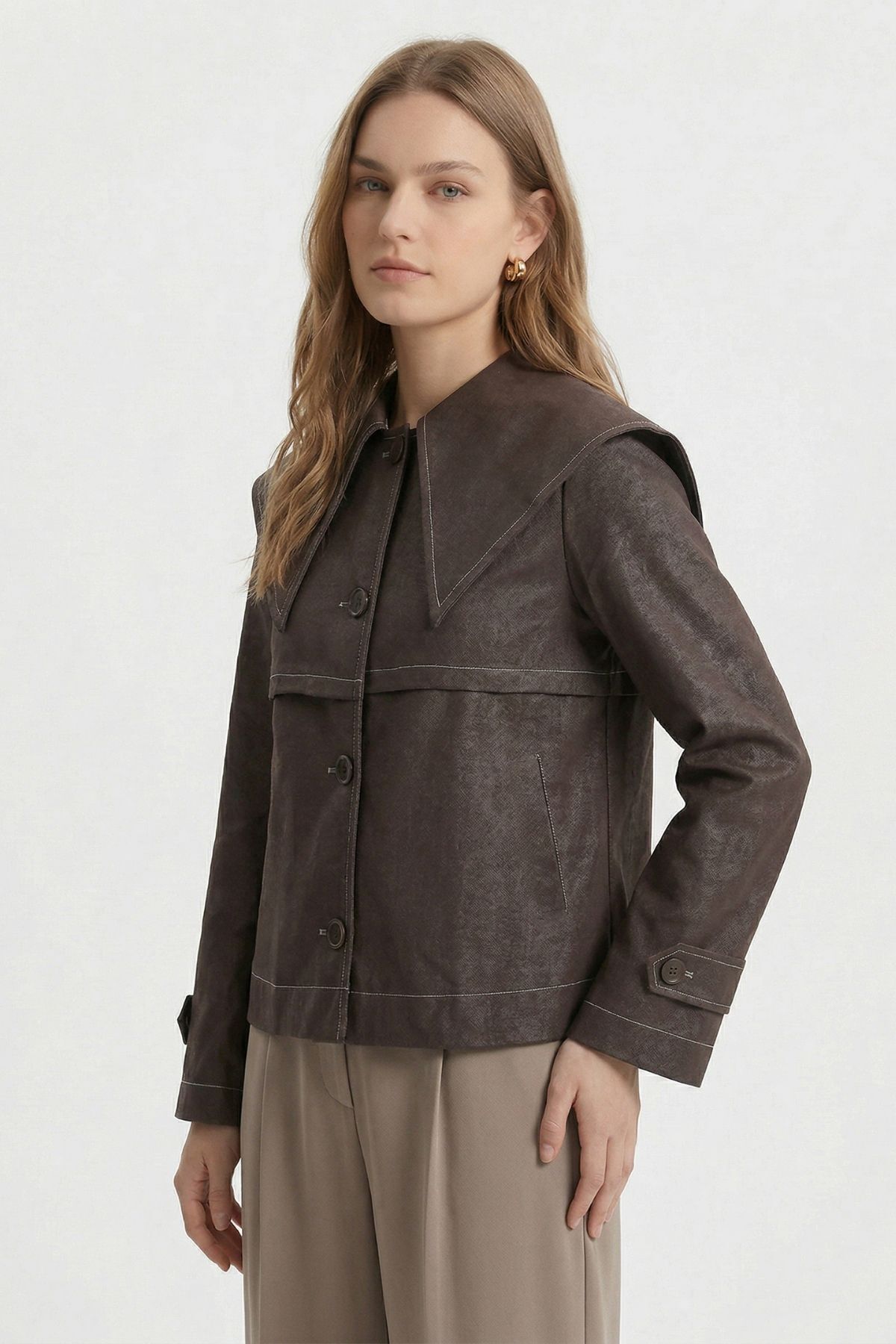 Acı Kahve Pelerin Detay Düğmeli Denim Ceket 7681 - 1