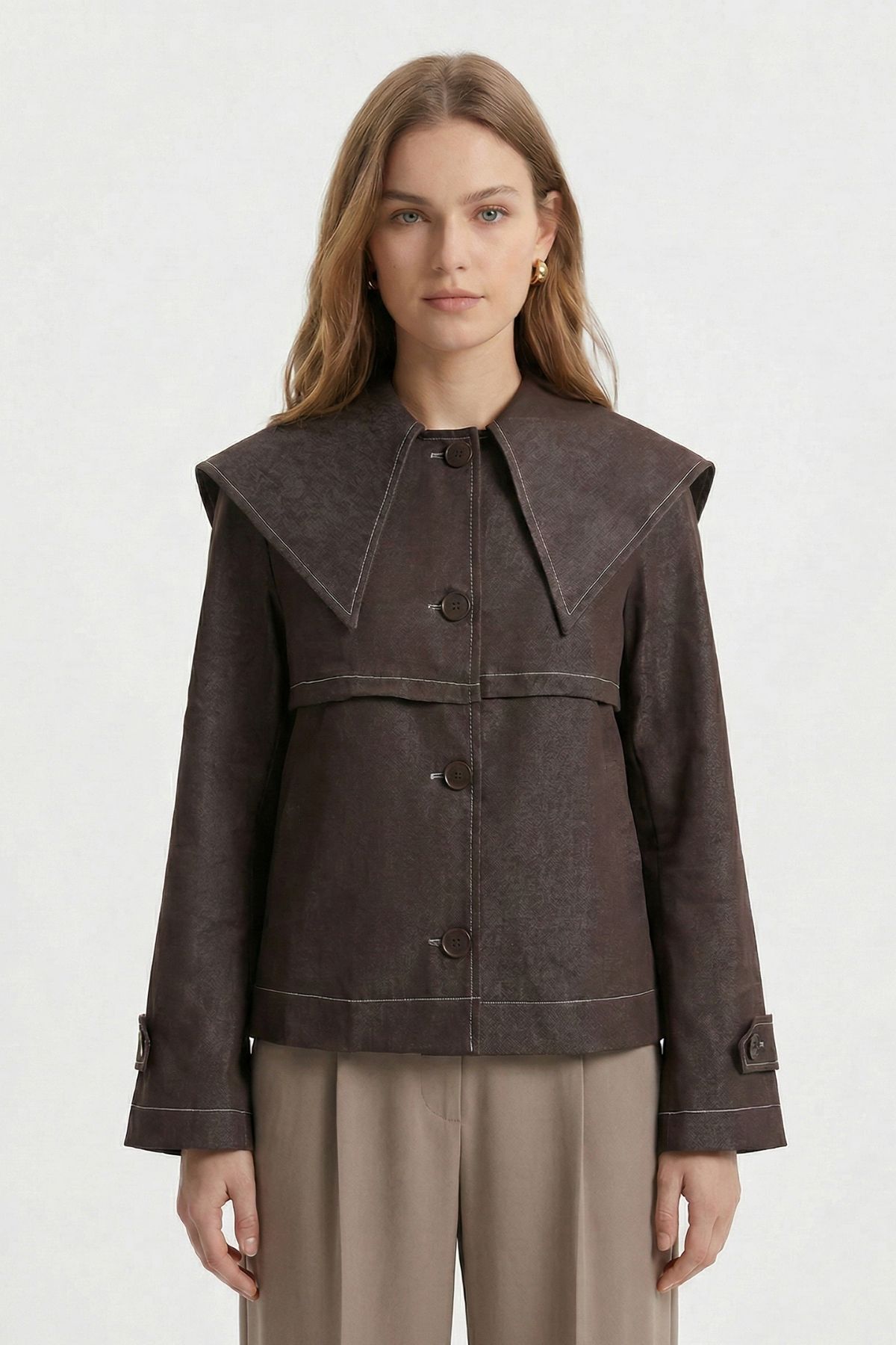 Acı Kahve Pelerin Detay Düğmeli Denim Ceket 7681 - RAYS