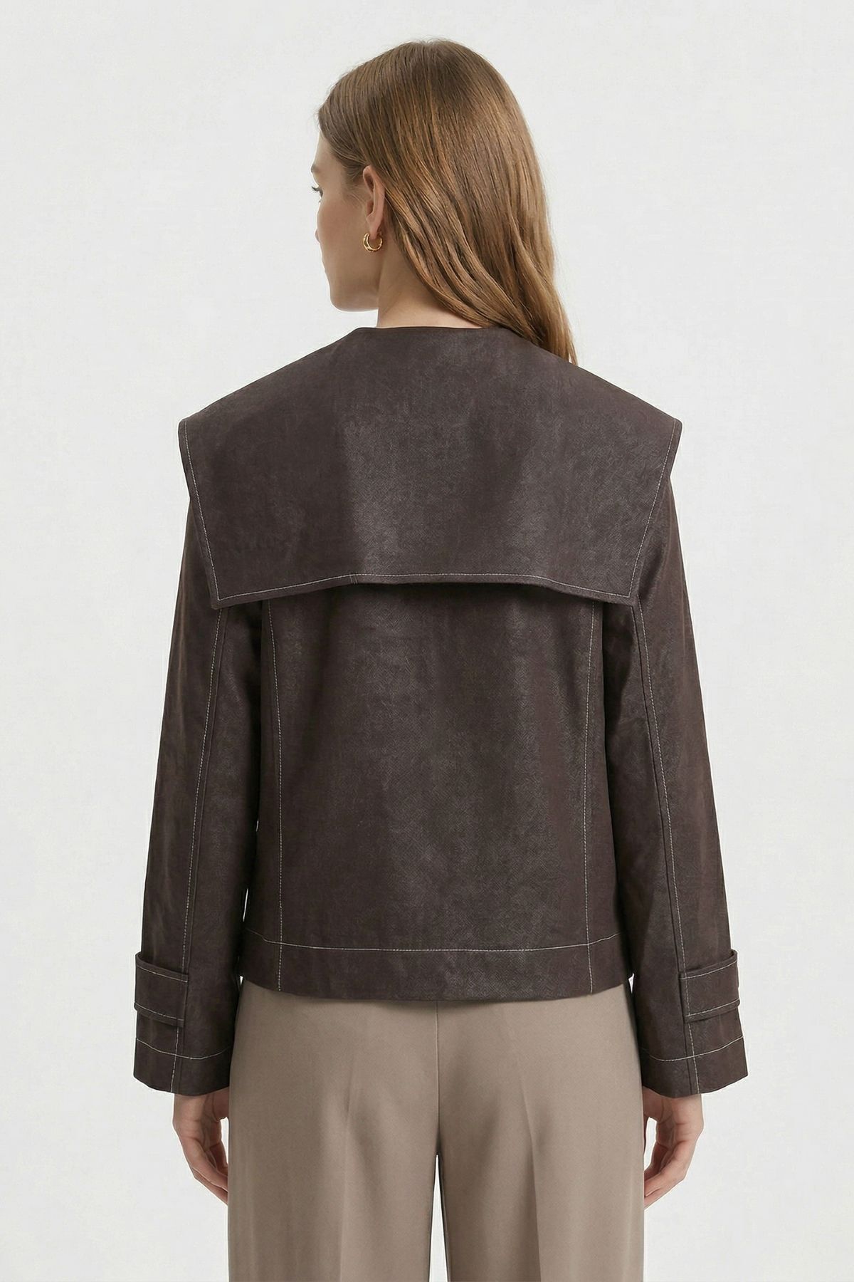 Acı Kahve Pelerin Detay Düğmeli Denim Ceket 7681 - 3