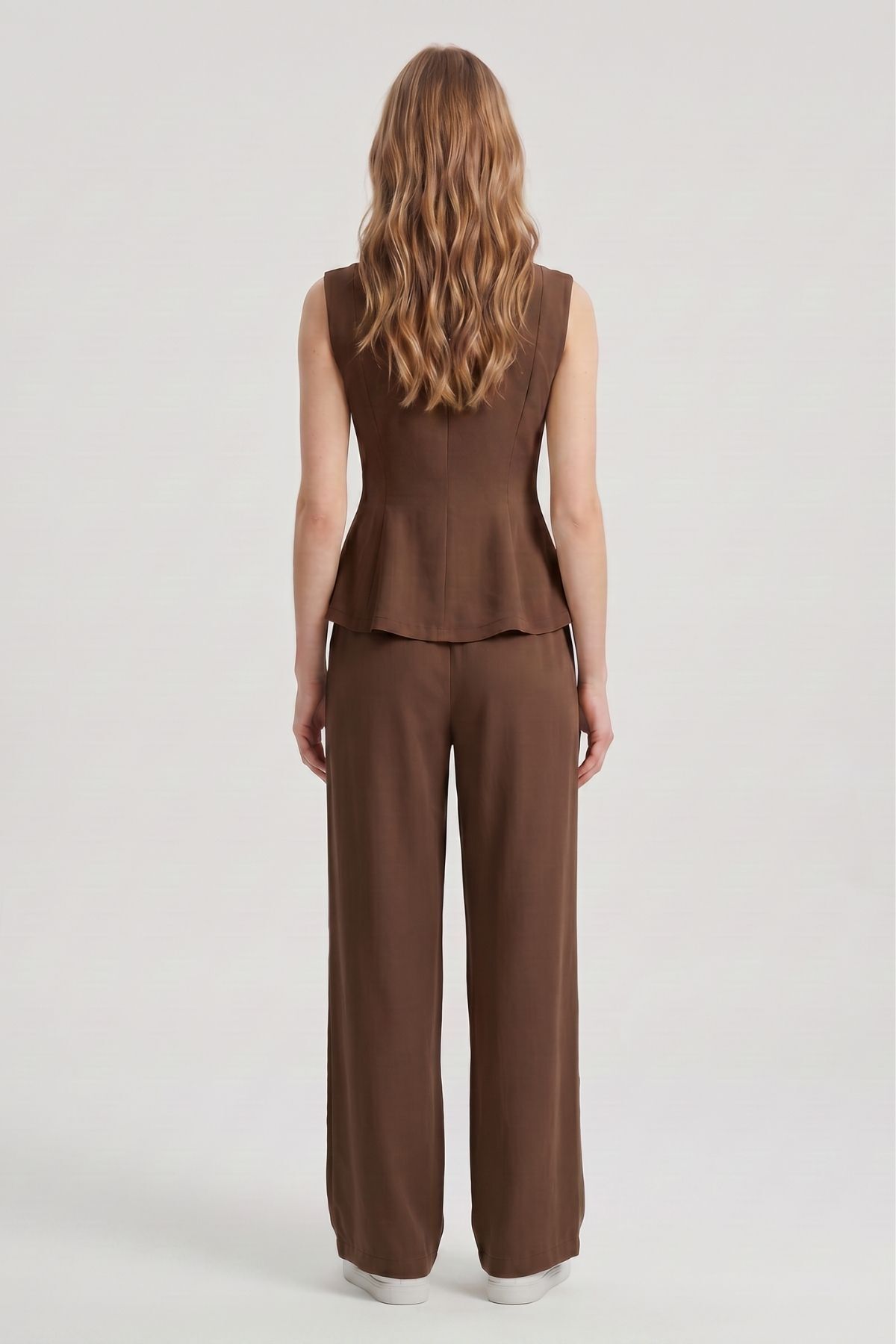 Acı Kahve Sıfır Kol Peplum Bluz Bol Paça Pantolon Takım 18007 - RAYS