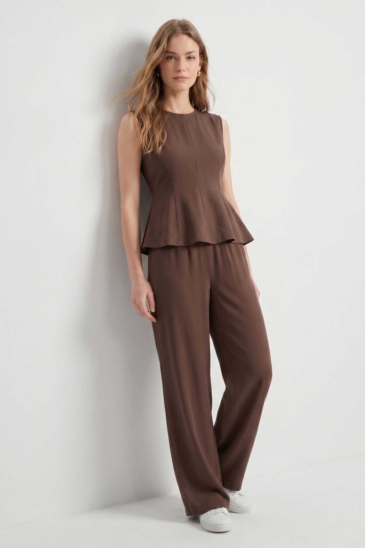 Sıfır Kol Peplum Bluz Bol Paça Pantolon Takım 18007 Acı Kahve - RAYS
