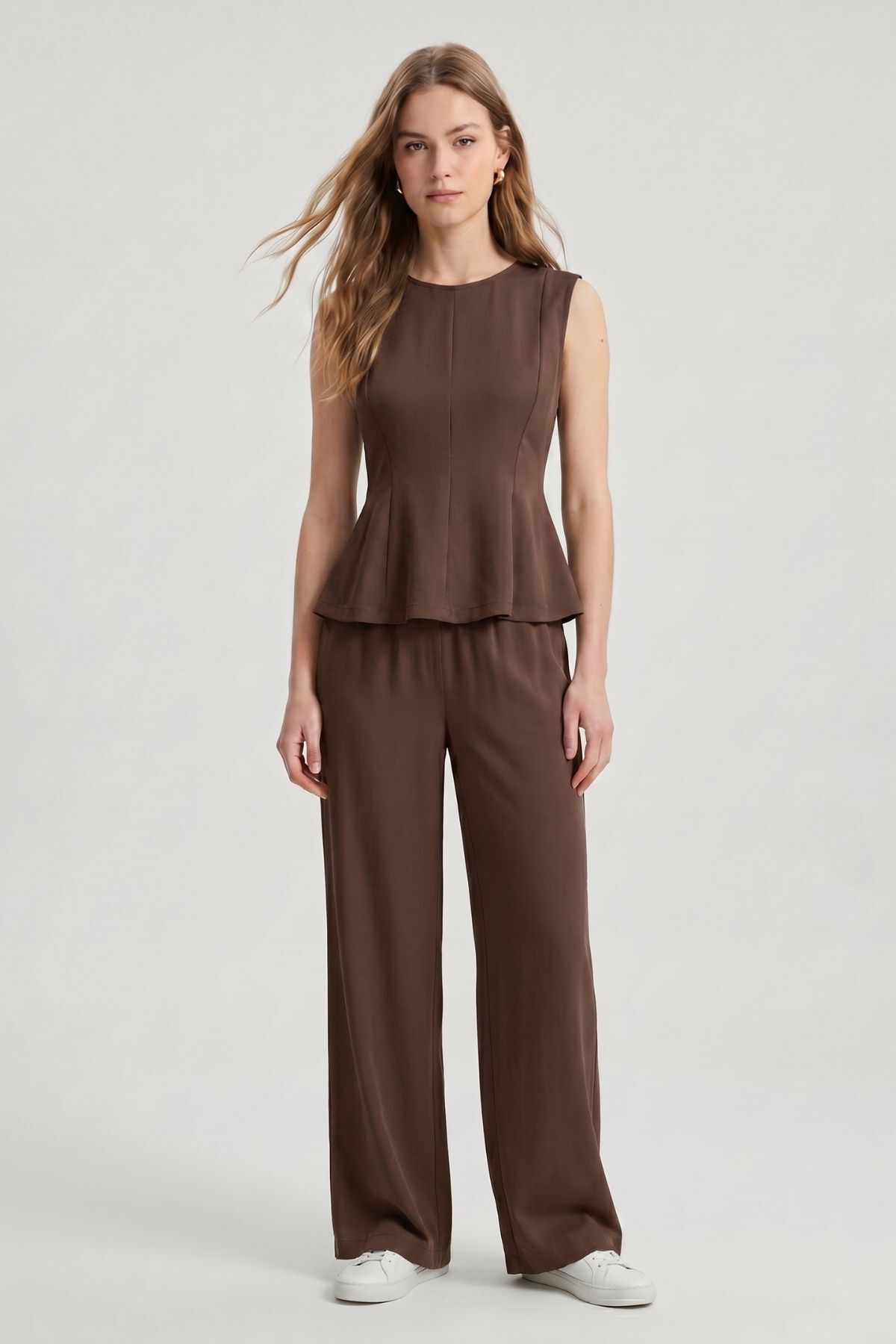 Sıfır Kol Peplum Bluz Bol Paça Pantolon Takım 18007 Acı Kahve - 2
