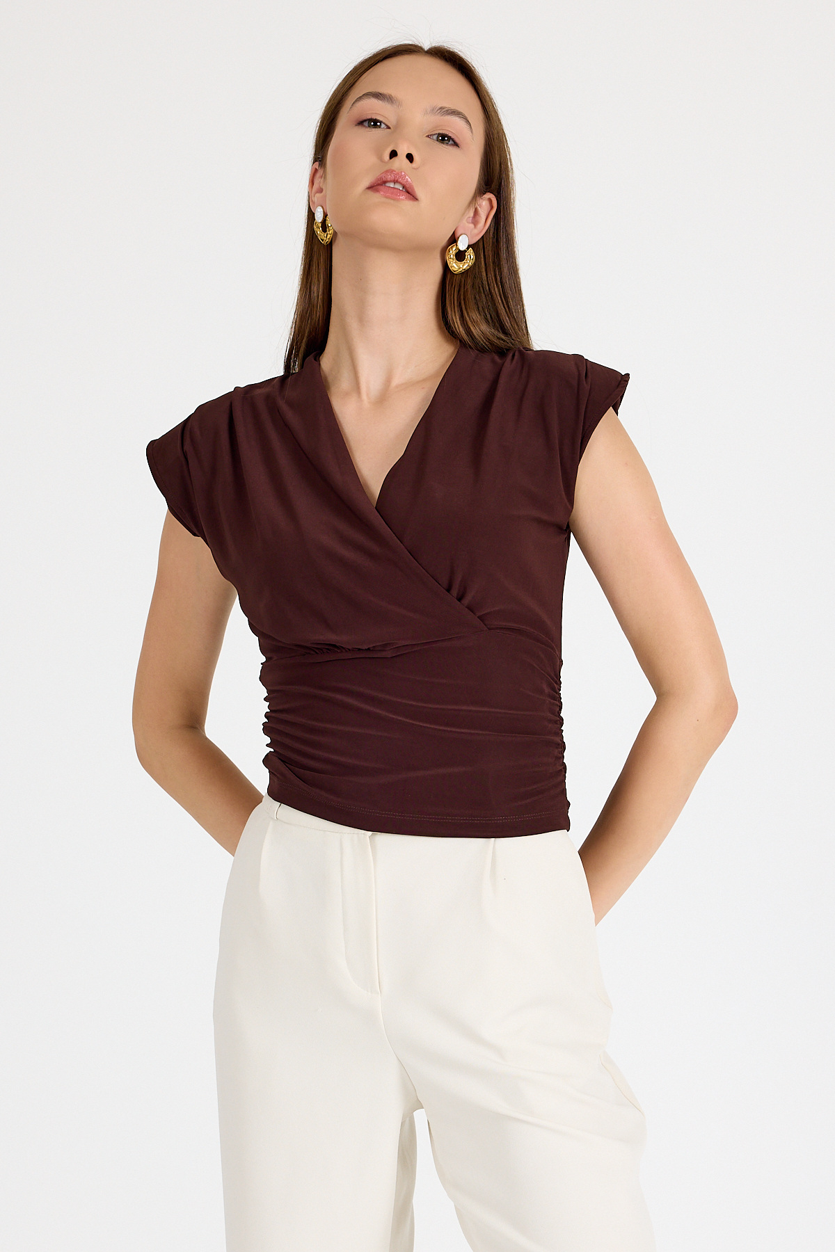 Acı Kahve Vatkalı Kruvaze Yaka Drapeli Bluz 2487 - 6