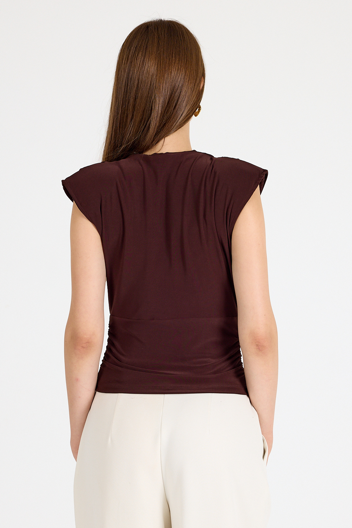 Acı Kahve Vatkalı Kruvaze Yaka Drapeli Bluz 2487 - 5