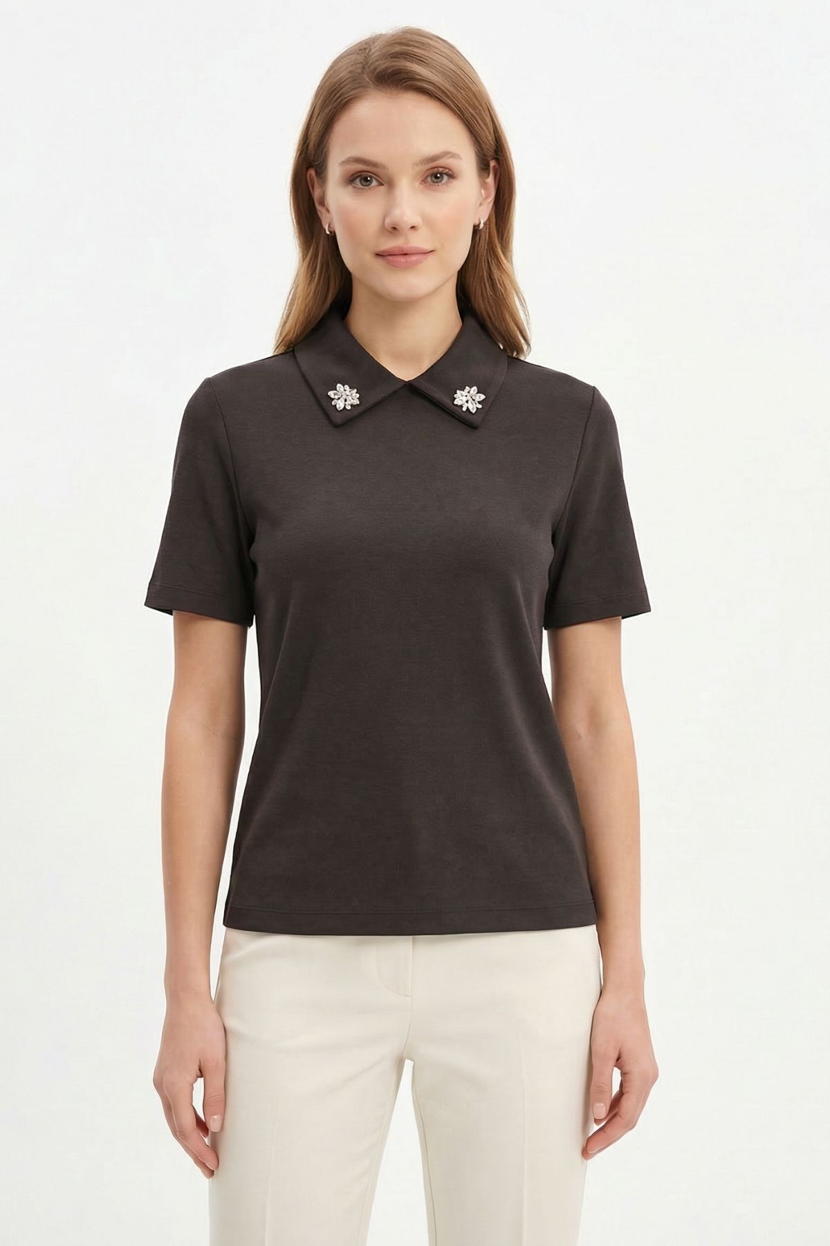 Acı Kahve Yaka Taşlı Kısa Kollu Tişört 6294 - RAYS