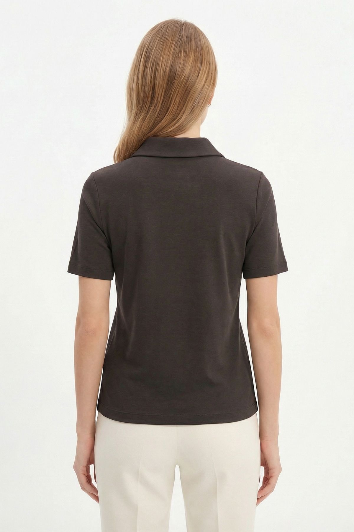 Acı Kahve Yaka Taşlı Kısa Kollu Tişört 6294 - RAYS