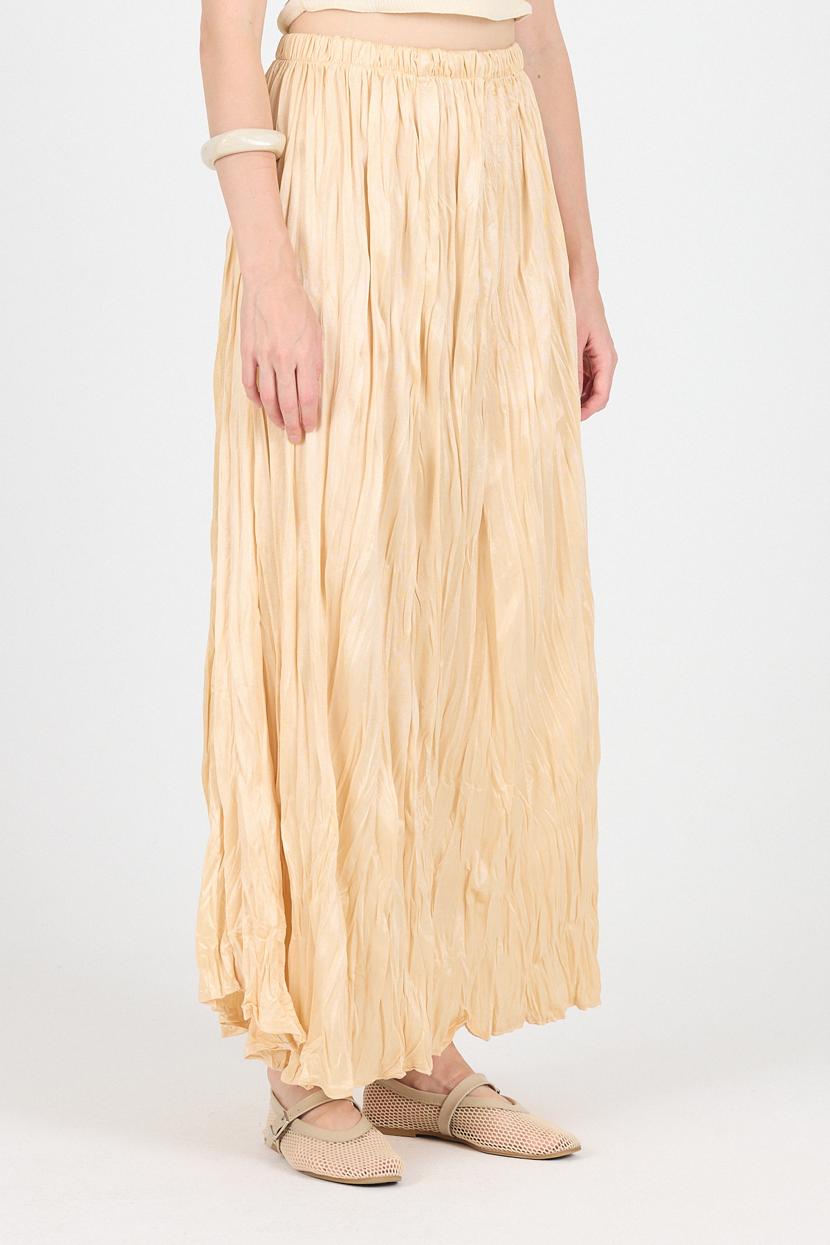 Açık Bej Bel Lastikli Kırışık Kumaş Etek 3483 - 3