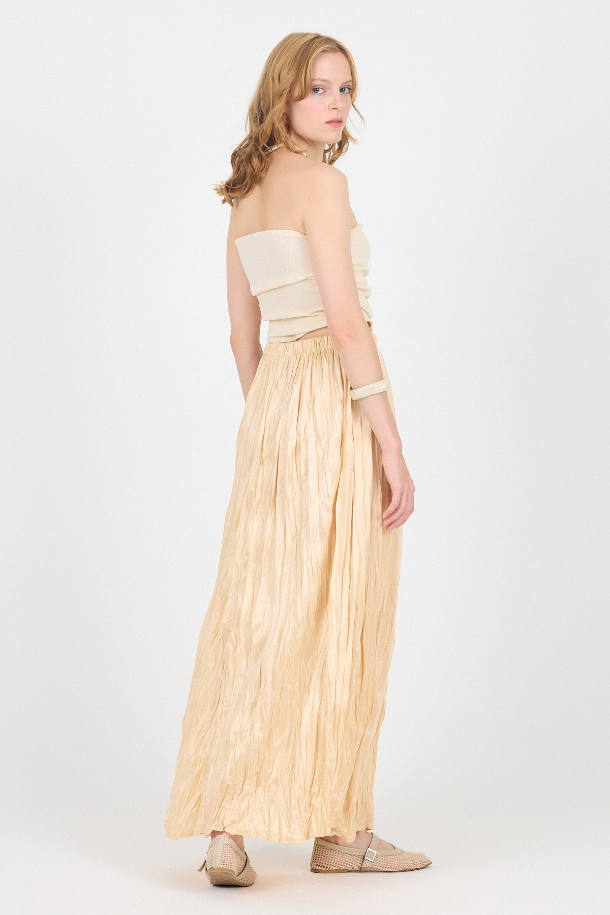 Açık Bej Bel Lastikli Kırışık Kumaş Etek 3483 - 2