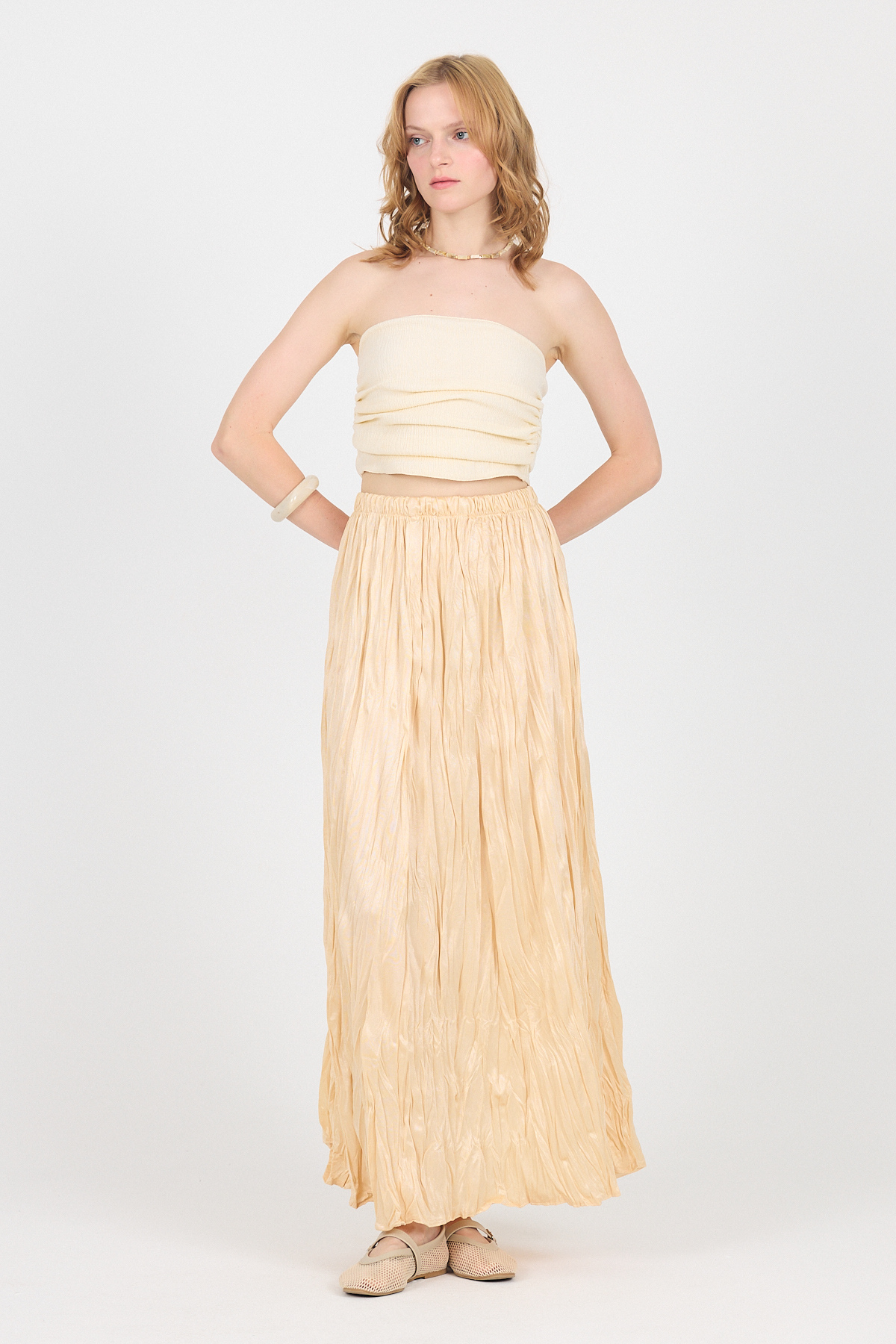 Açık Bej Bel Lastikli Kırışık Kumaş Etek 3483 - 6