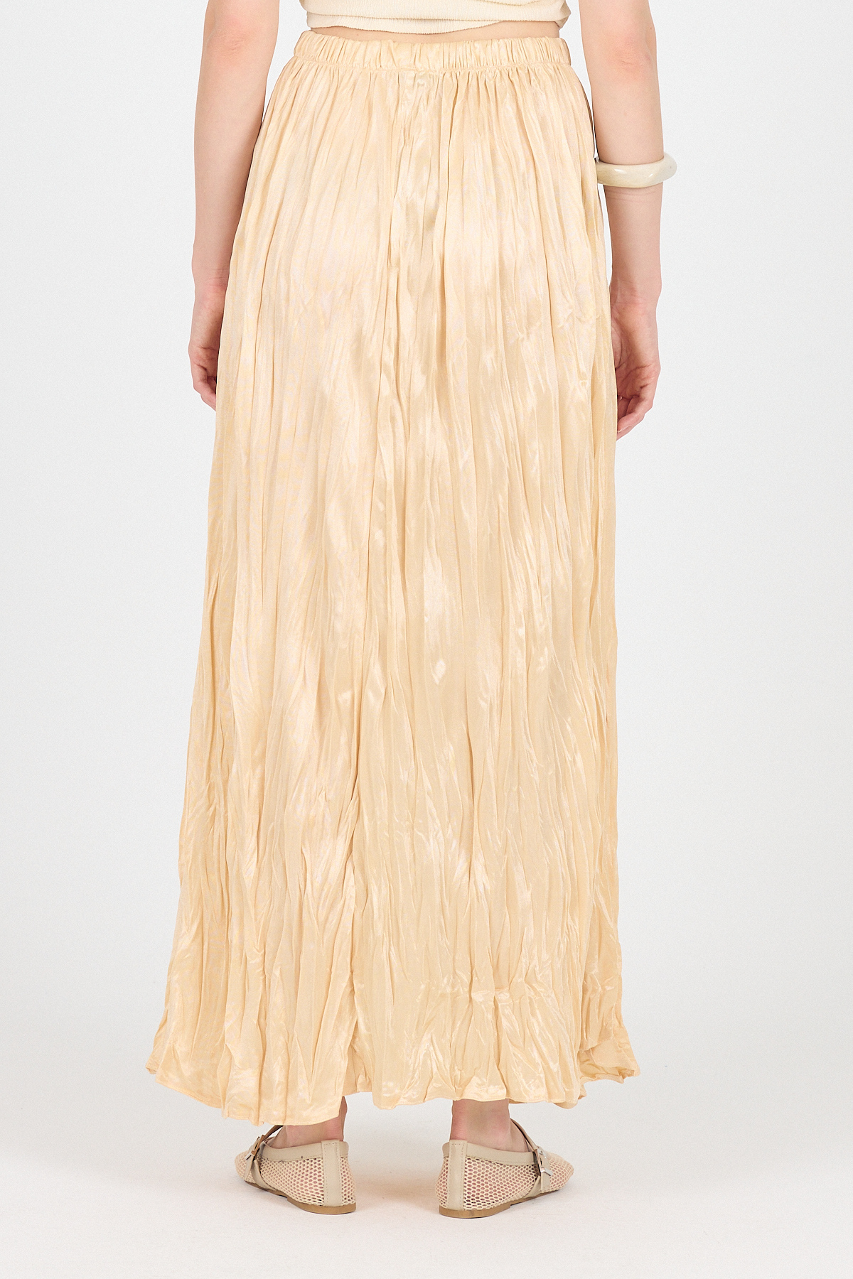 Açık Bej Bel Lastikli Kırışık Kumaş Etek 3483 - 5