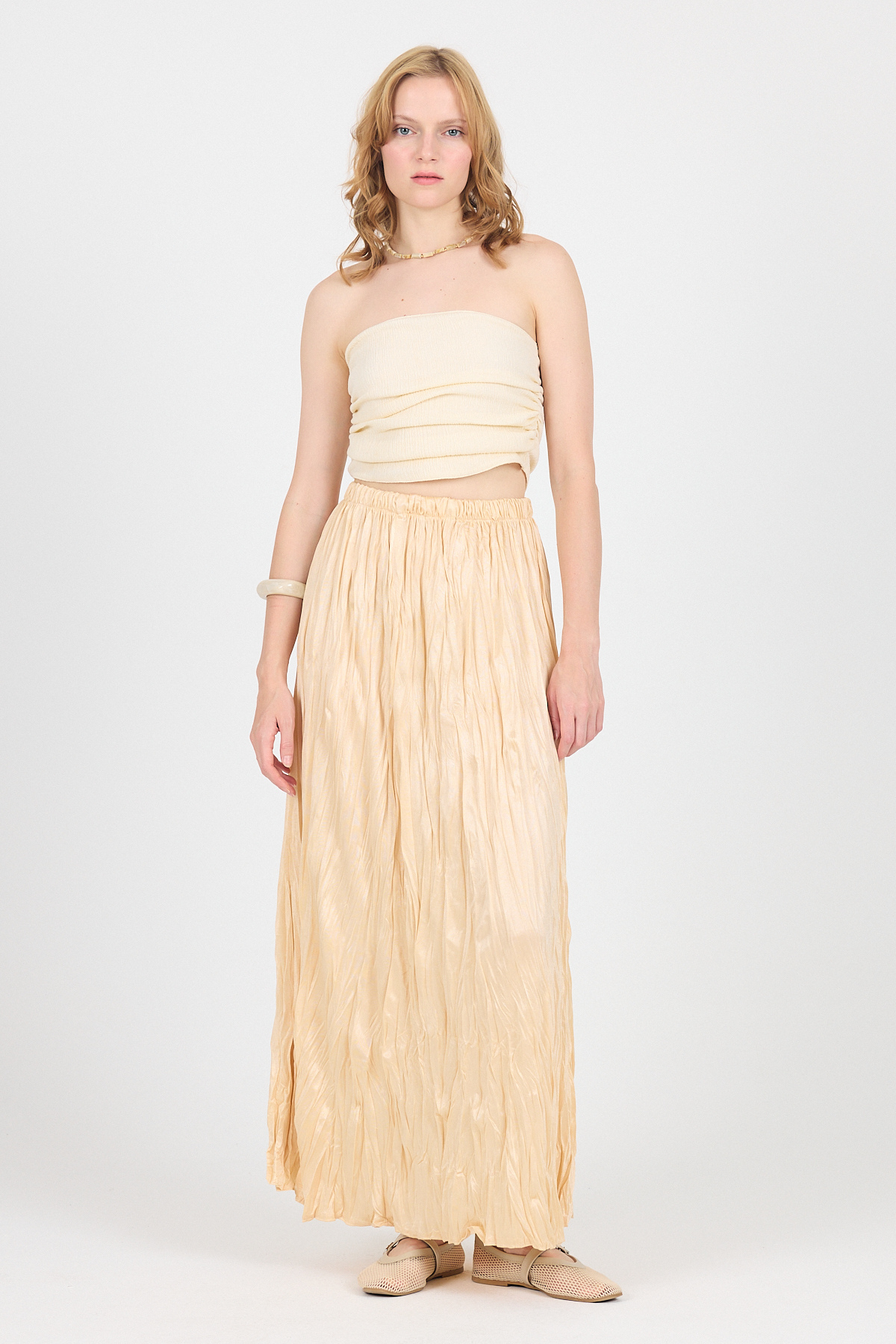 Açık Bej Bel Lastikli Kırışık Kumaş Etek 3483 - 1