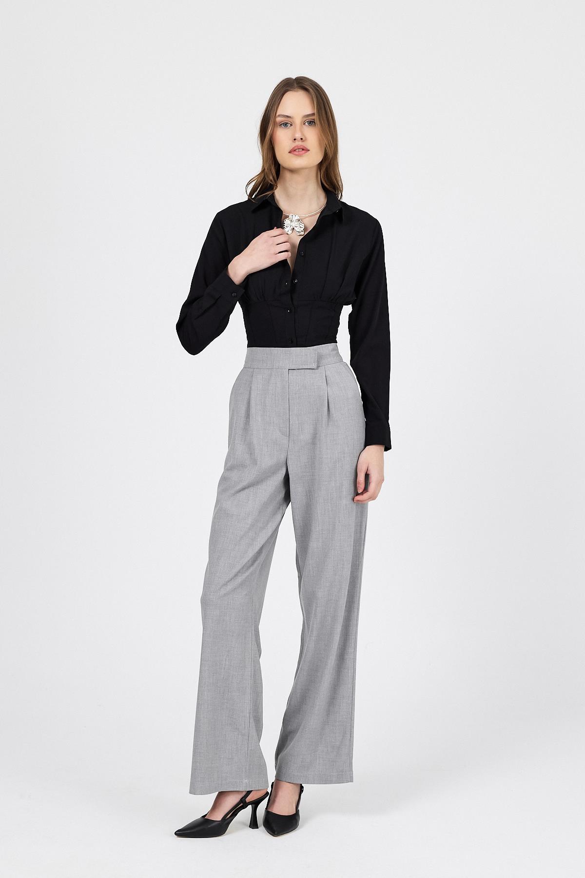 Açık Gri Cırtlı Beli Lastikli Palazzo Pantolon 6642 