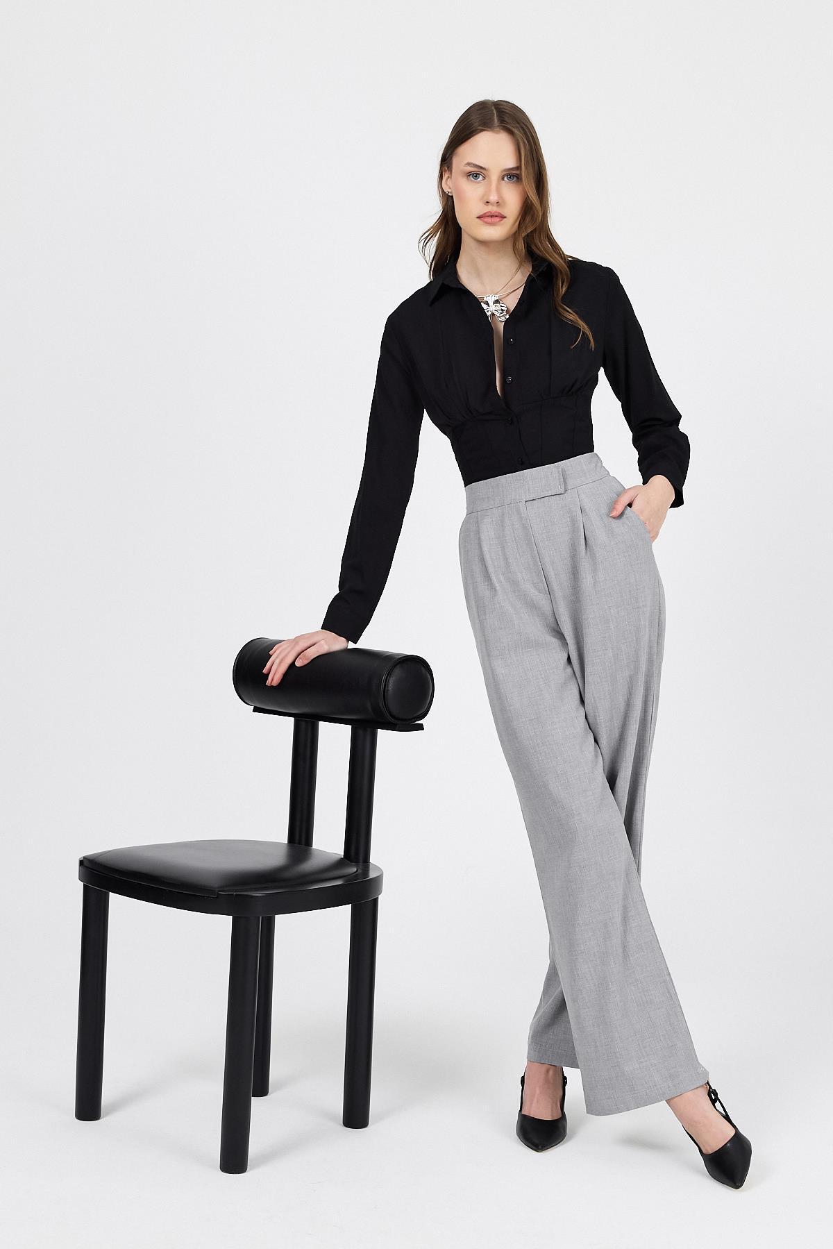 Açık Gri Cırtlı Beli Lastikli Palazzo Pantolon 6642 - 2