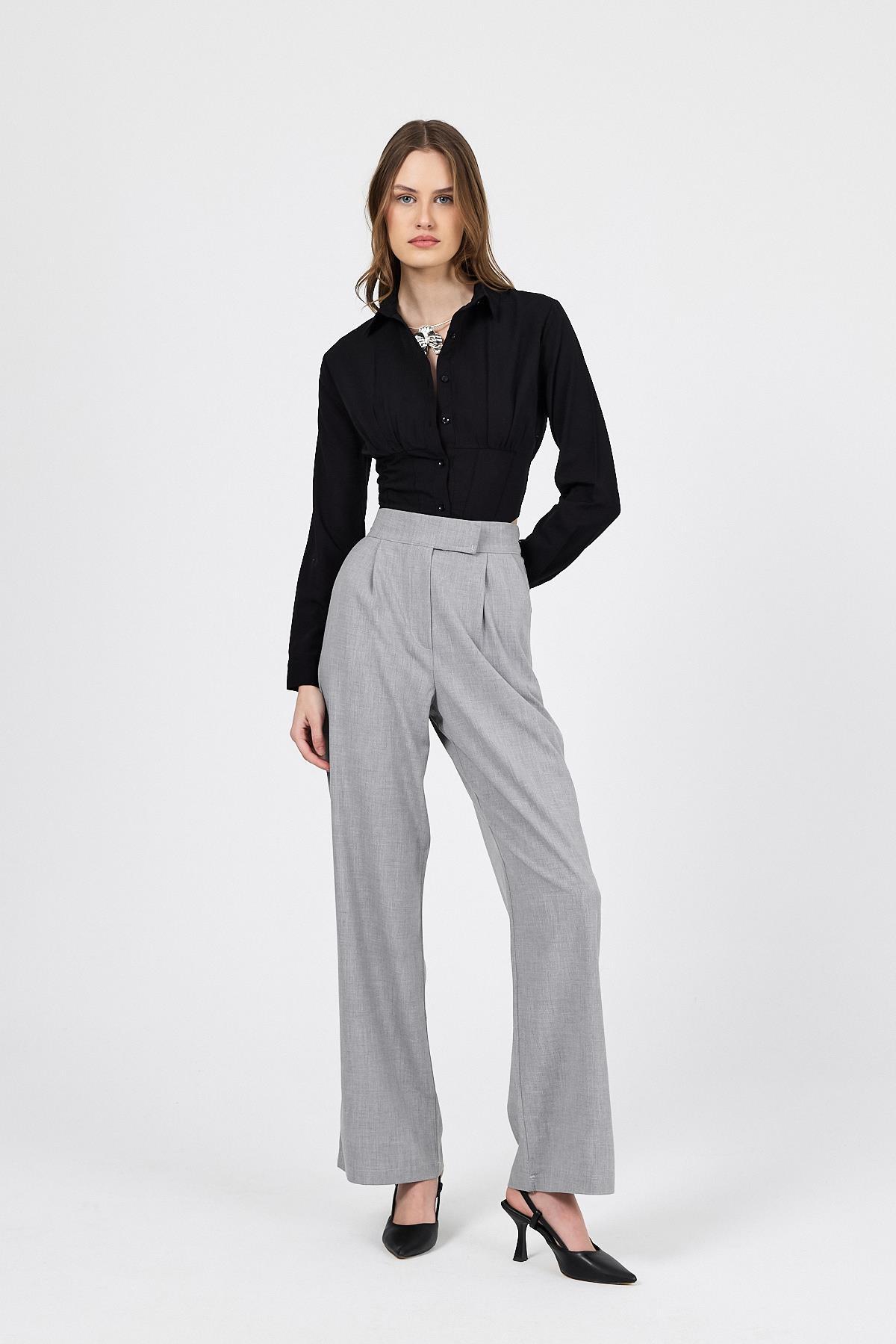 Açık Gri Cırtlı Beli Lastikli Palazzo Pantolon 6642 - 6