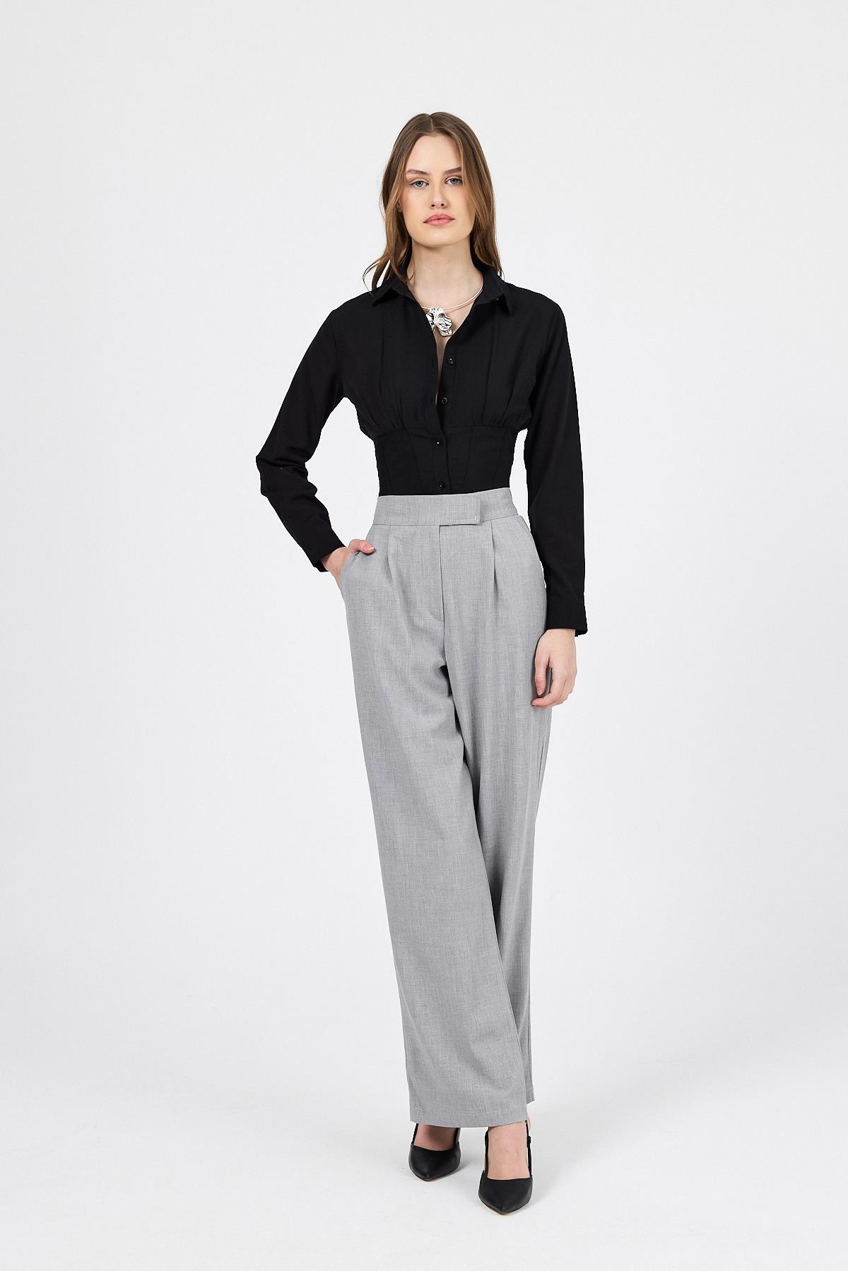 Açık Gri Cırtlı Beli Lastikli Palazzo Pantolon 6642 - 7