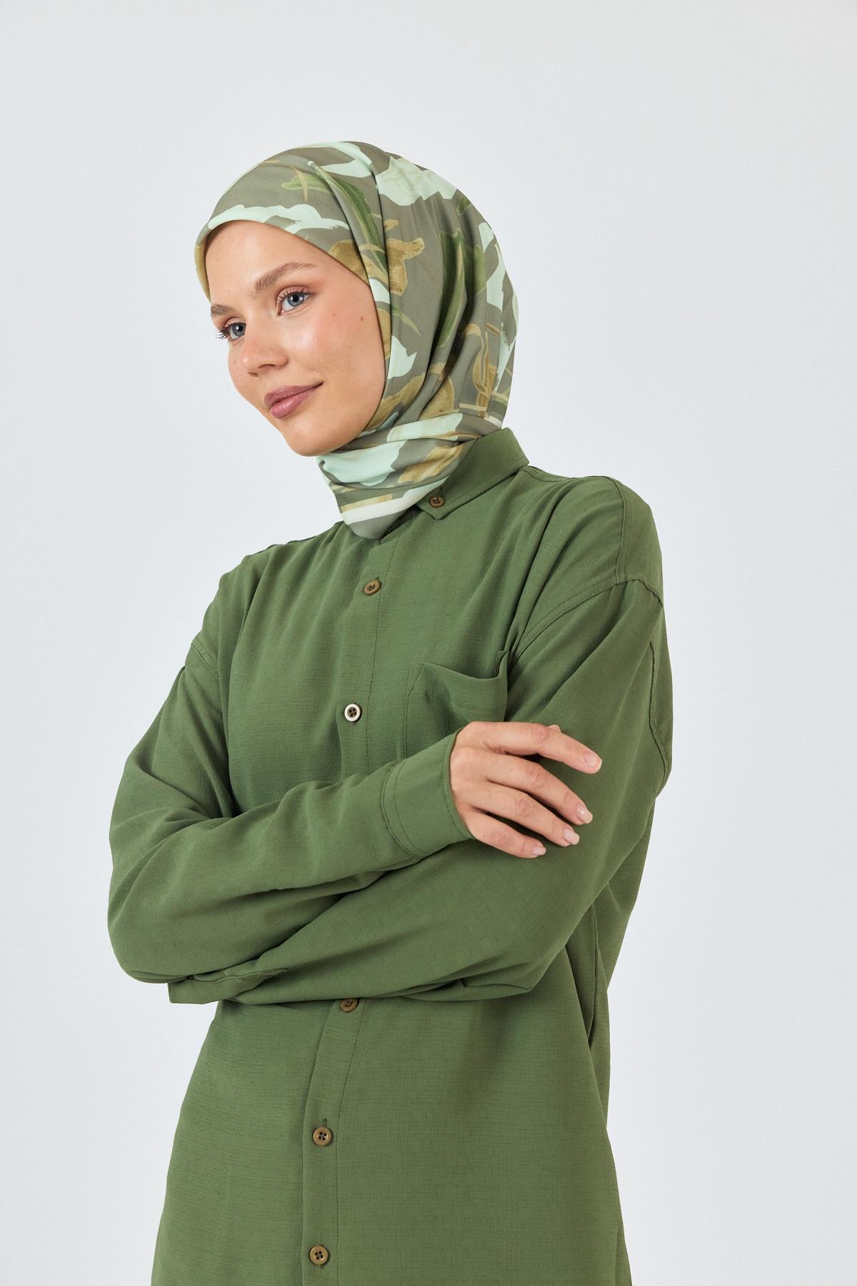 Açık Haki Yaprak Desenli Eşarp 3004 - 1