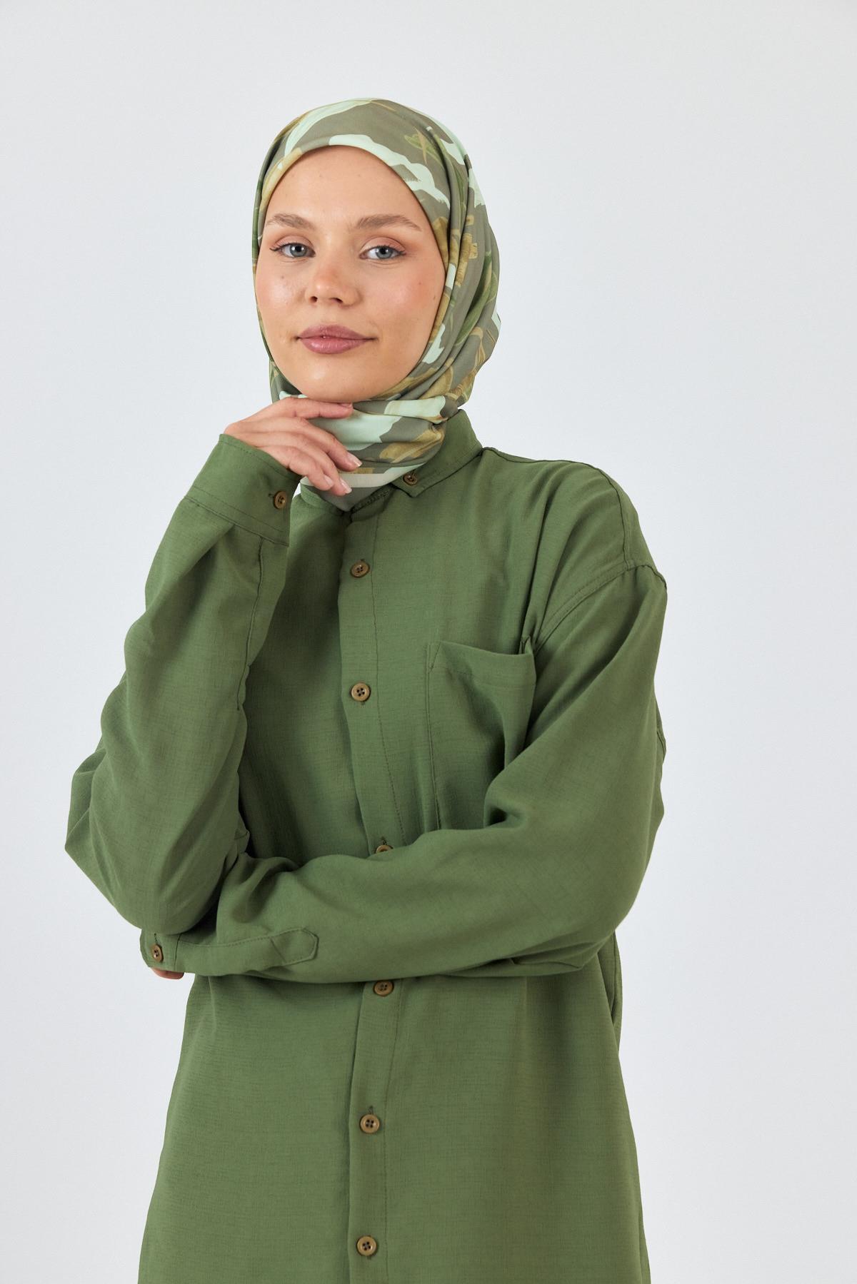 Açık Haki Yaprak Desenli Eşarp 3004 - 5