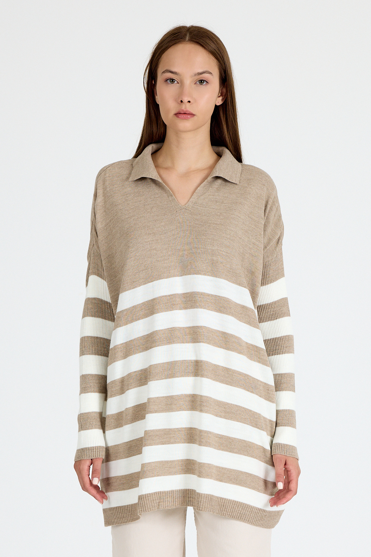 Açık Vizon Polo Yaka Çizgili Tunik 5340 - RAYS