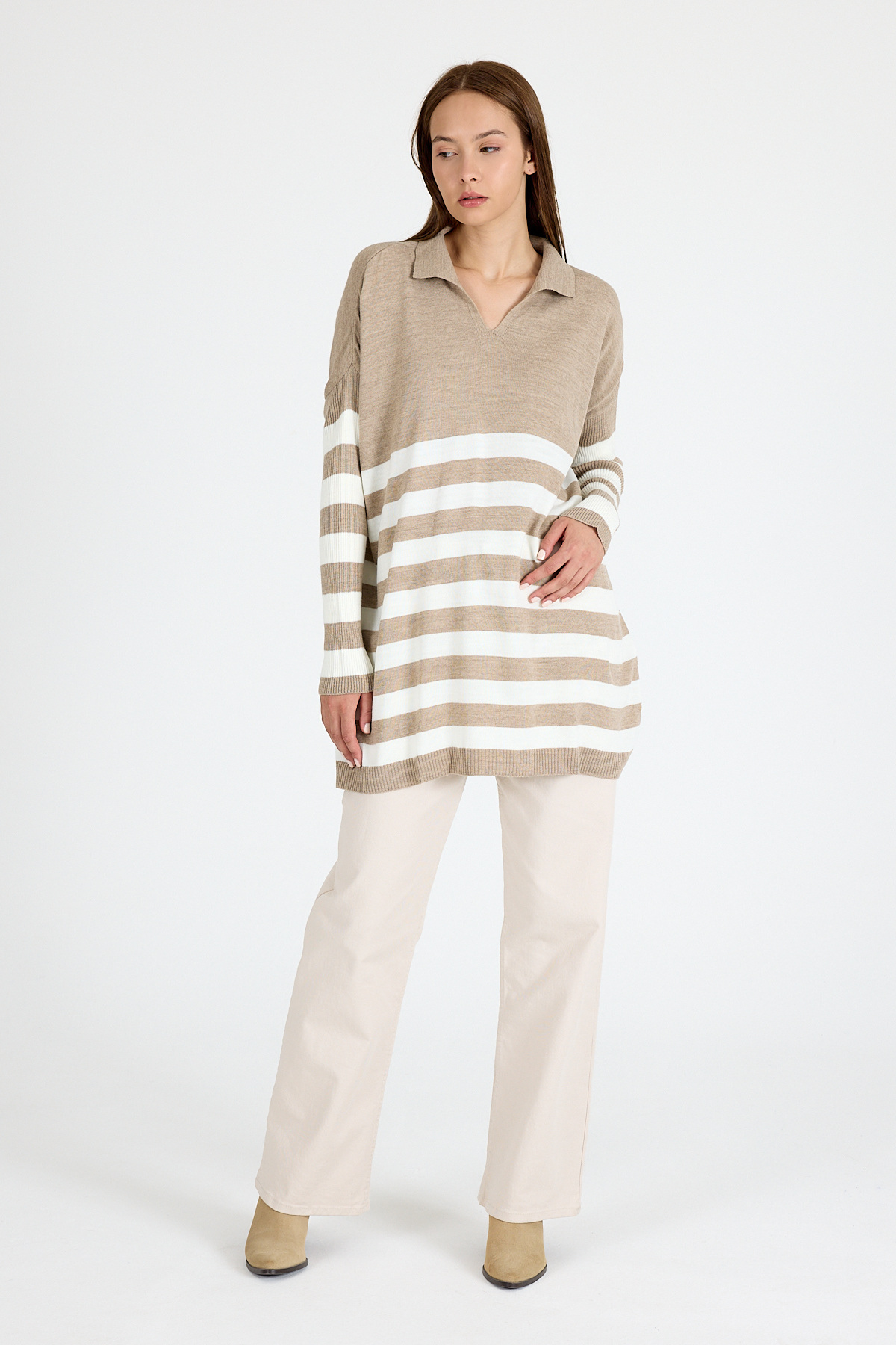 Açık Vizon Polo Yaka Çizgili Tunik 5340 - RAYS