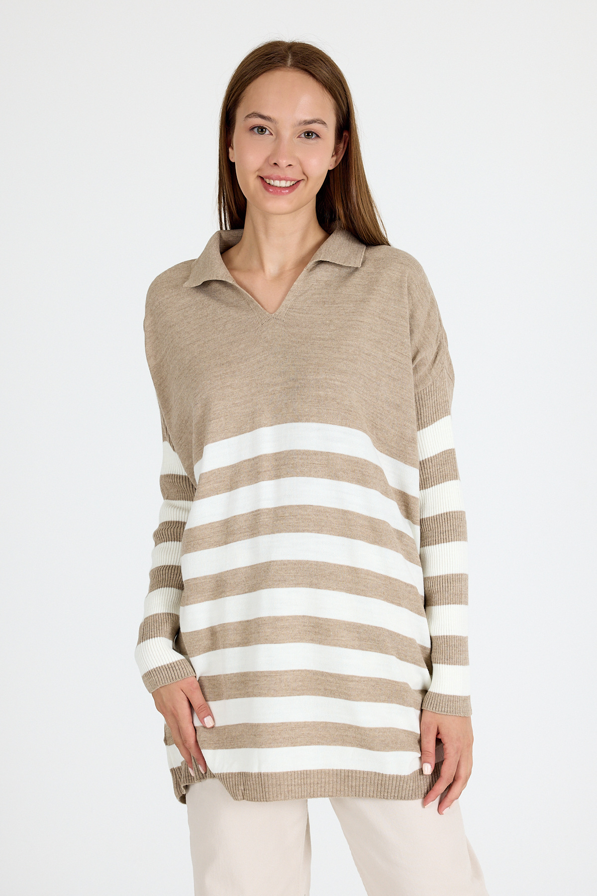 Açık Vizon Polo Yaka Çizgili Tunik 5340 - 1