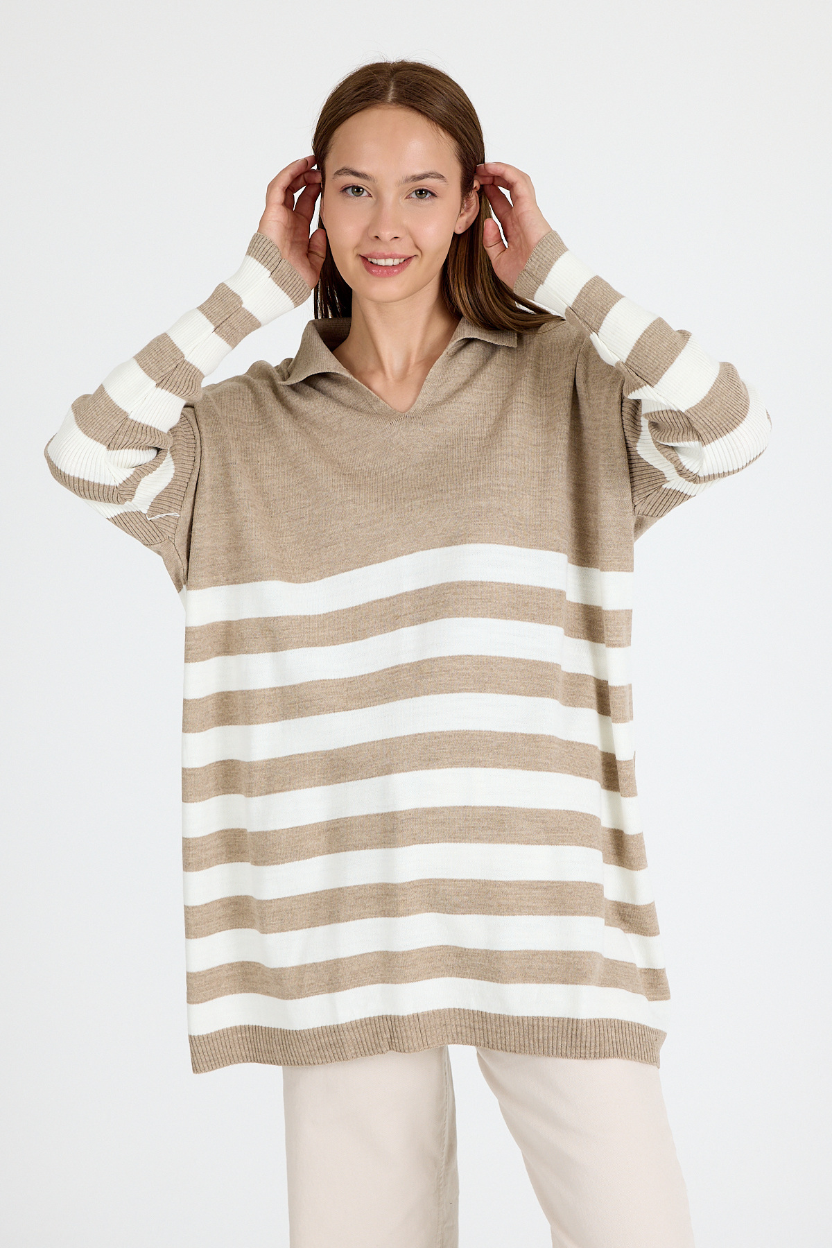 Açık Vizon Polo Yaka Çizgili Tunik 5340 - 6