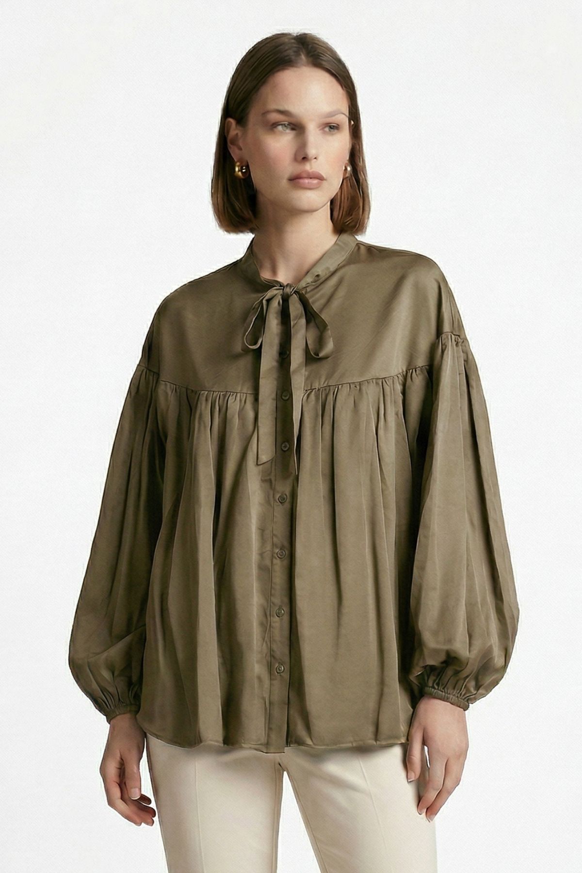 Ada Çayı Balon Kollu Pileli Bağlamalı Bluz 0088 - 2