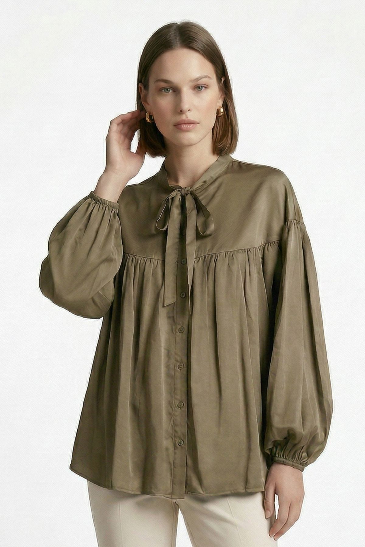 Ada Çayı Balon Kollu Pileli Bağlamalı Bluz 0088 - RAYS