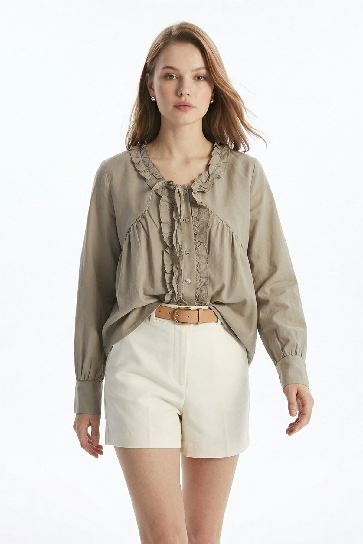 Ada Çayı V Yaka Fırfırlı Bağlama Detay Bluz 0108 - 1