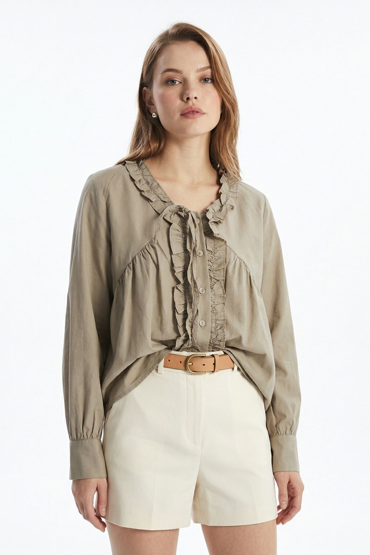 Ada Çayı V Yaka Fırfırlı Bağlama Detay Bluz 0108 - 3