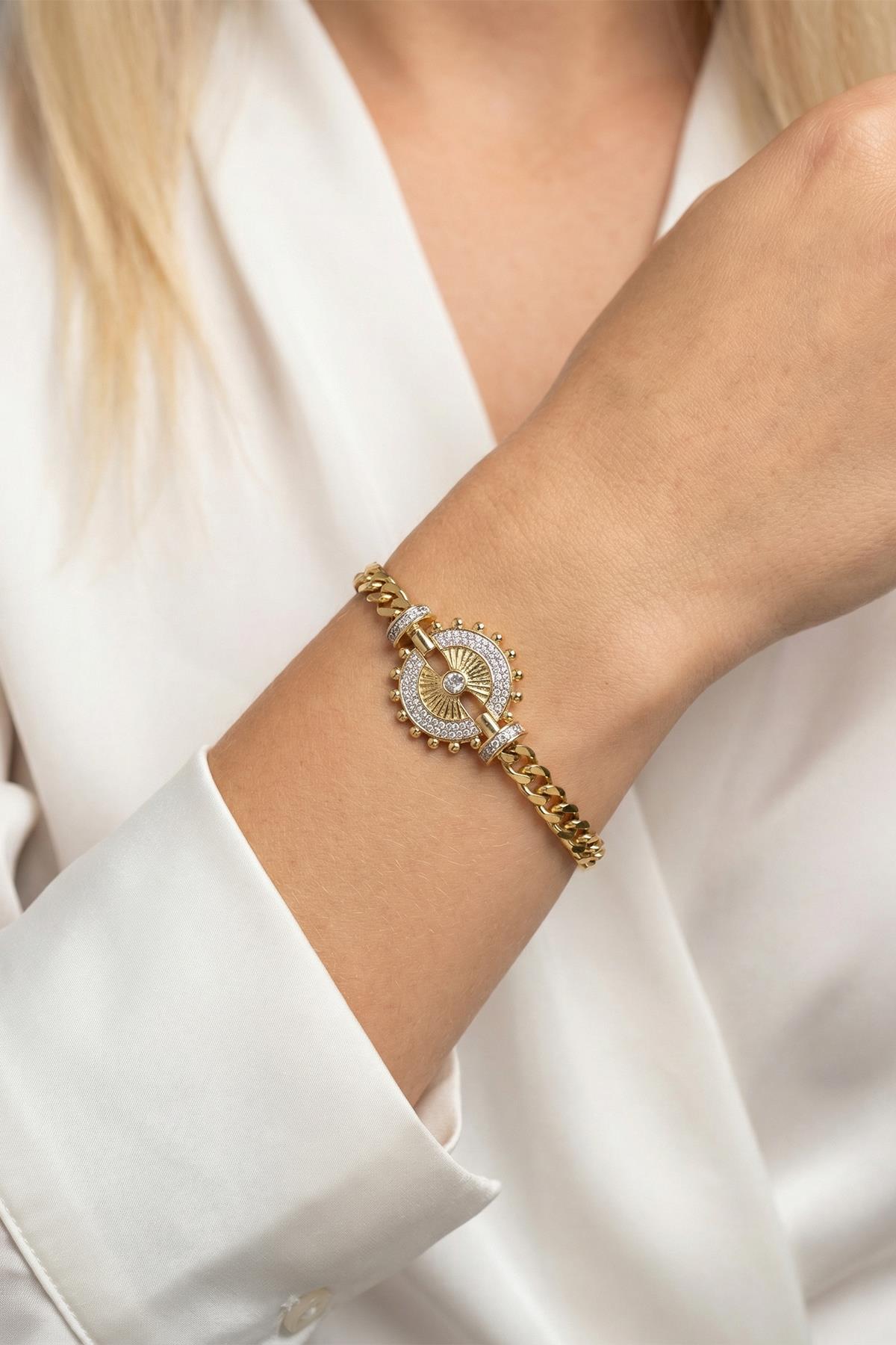 Antik Güneş Figürlü Gold Renk Bileklik 0125 - RAYS