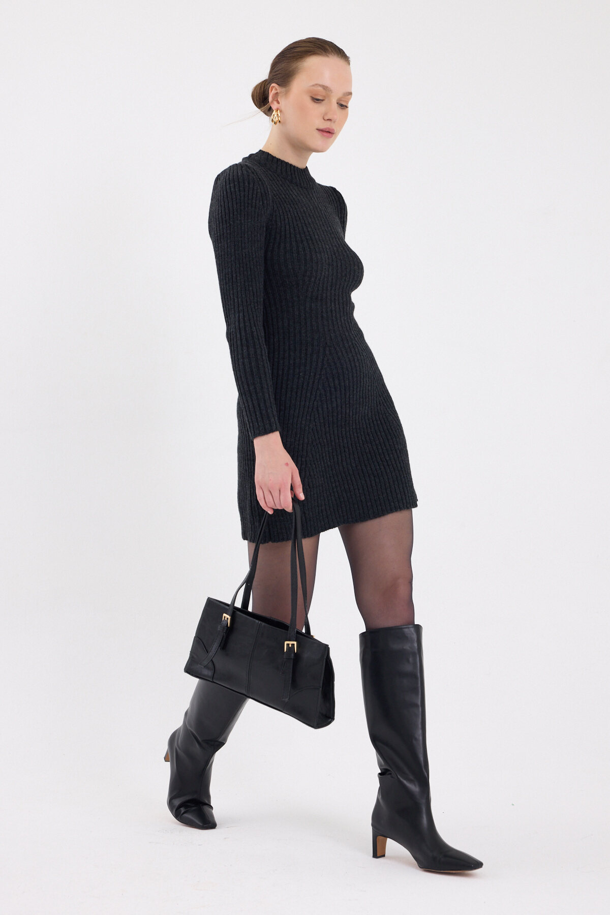 Antrasit Balıkçı Yaka Triko Mini Elbise 1907 - 2