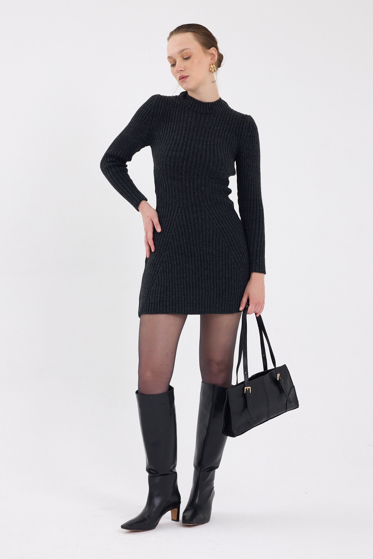 Antrasit Balıkçı Yaka Triko Mini Elbise 1907 - RAYS