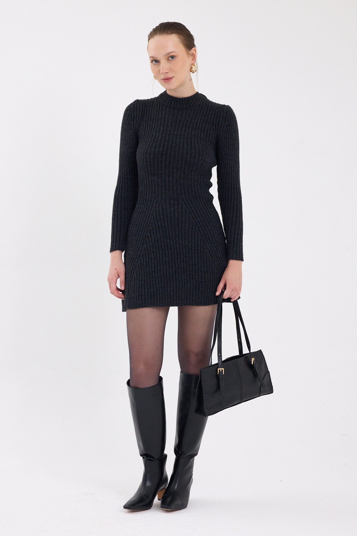 Antrasit Balıkçı Yaka Triko Mini Elbise 1907 - 1