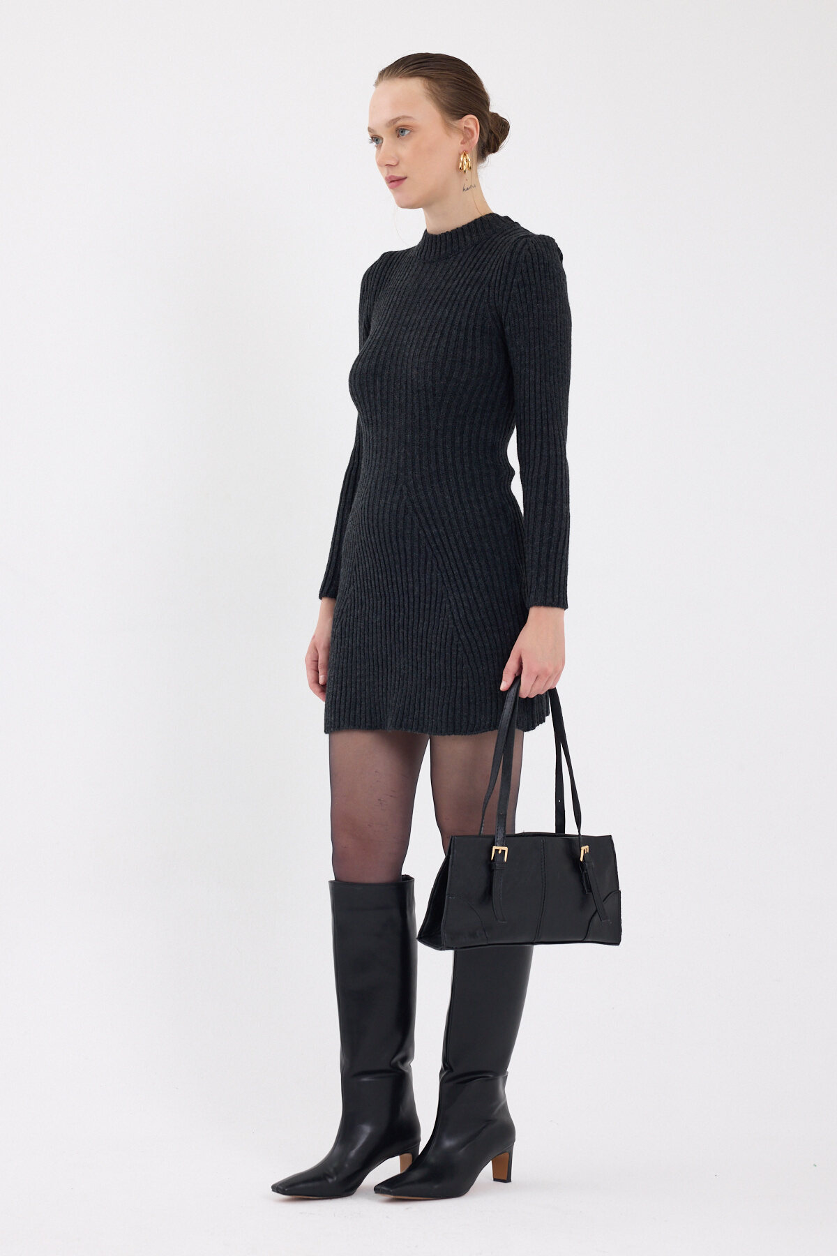 Antrasit Balıkçı Yaka Triko Mini Elbise 1907 - 6