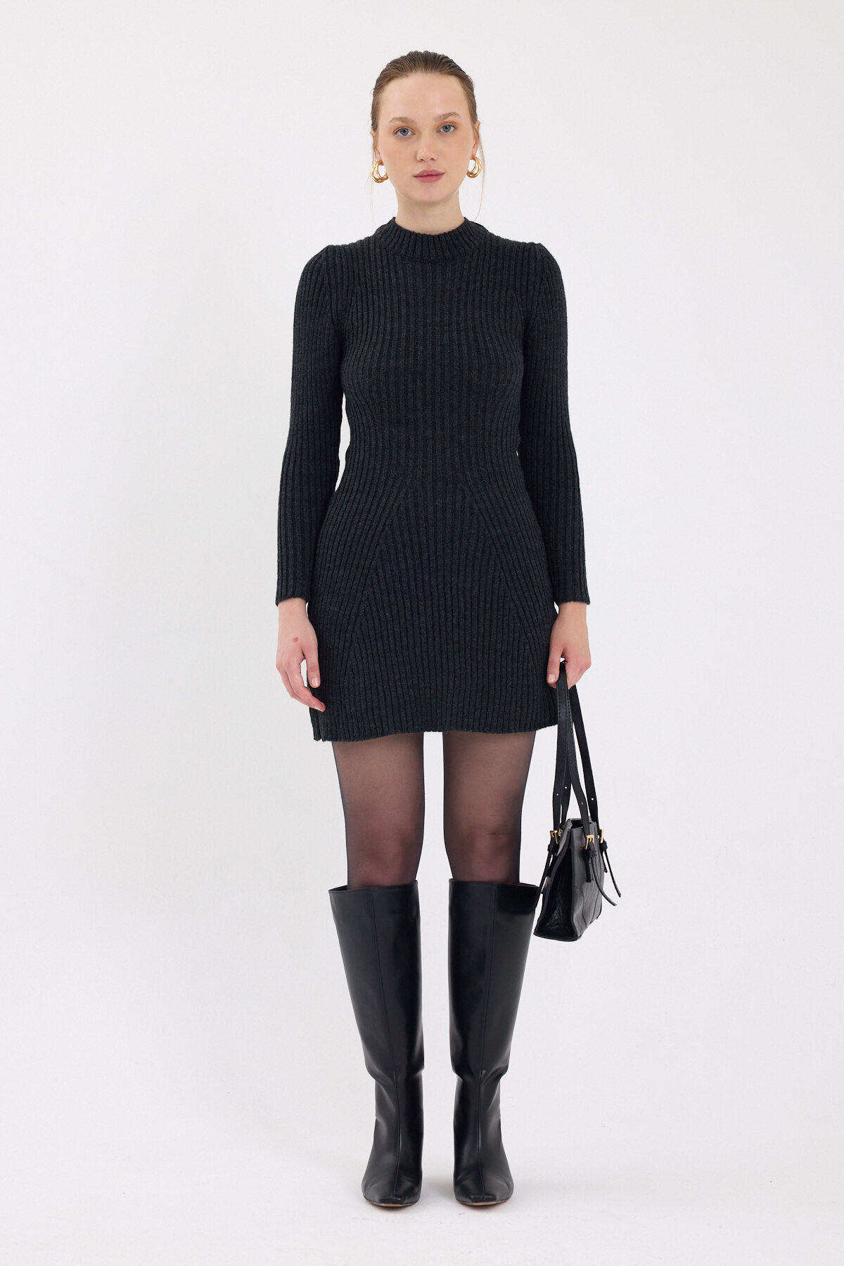 Antrasit Balıkçı Yaka Triko Mini Elbise 1907 - 7