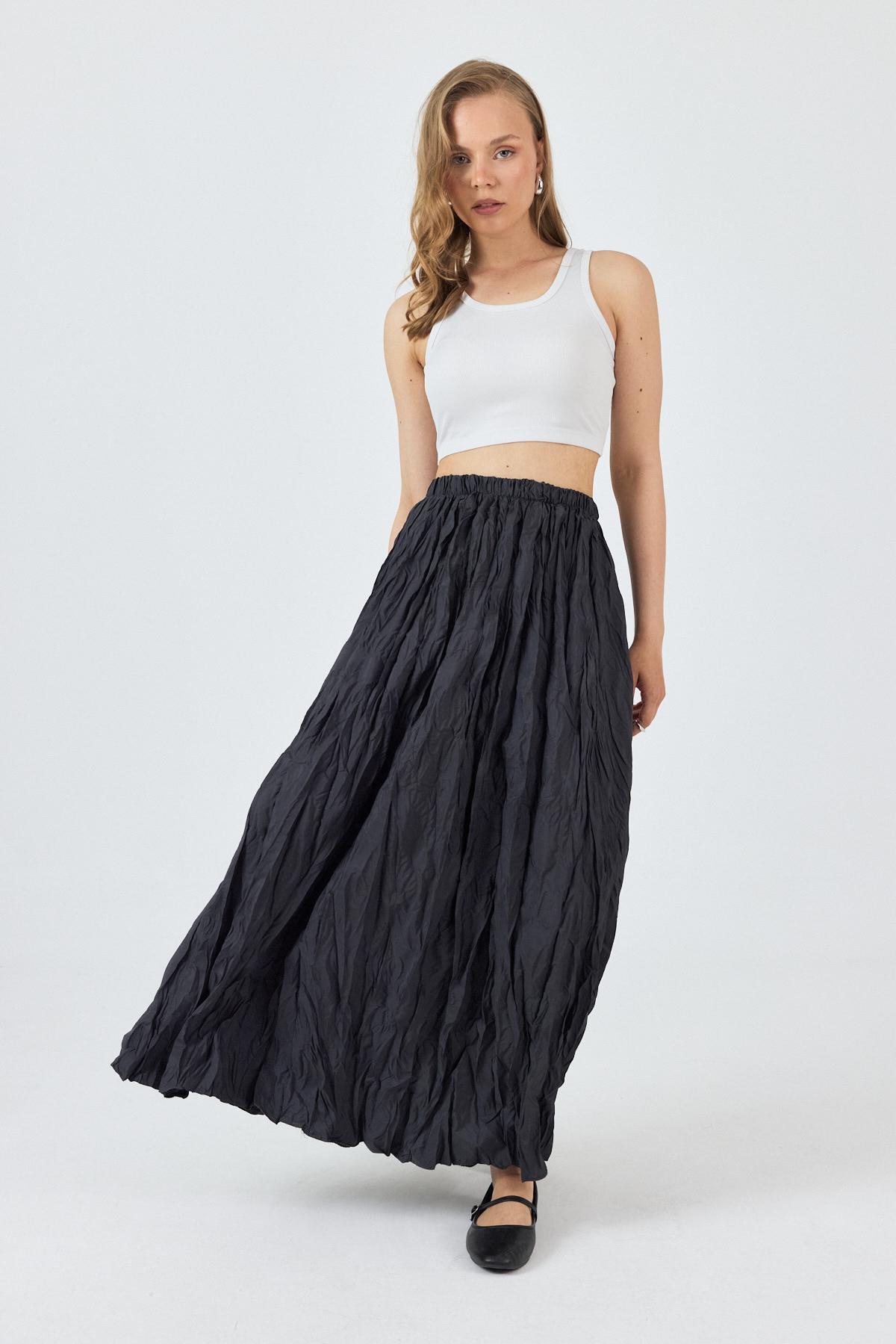 Antrasit Bel Lastikli Kırışık Kumaş Etek 3483 - 2