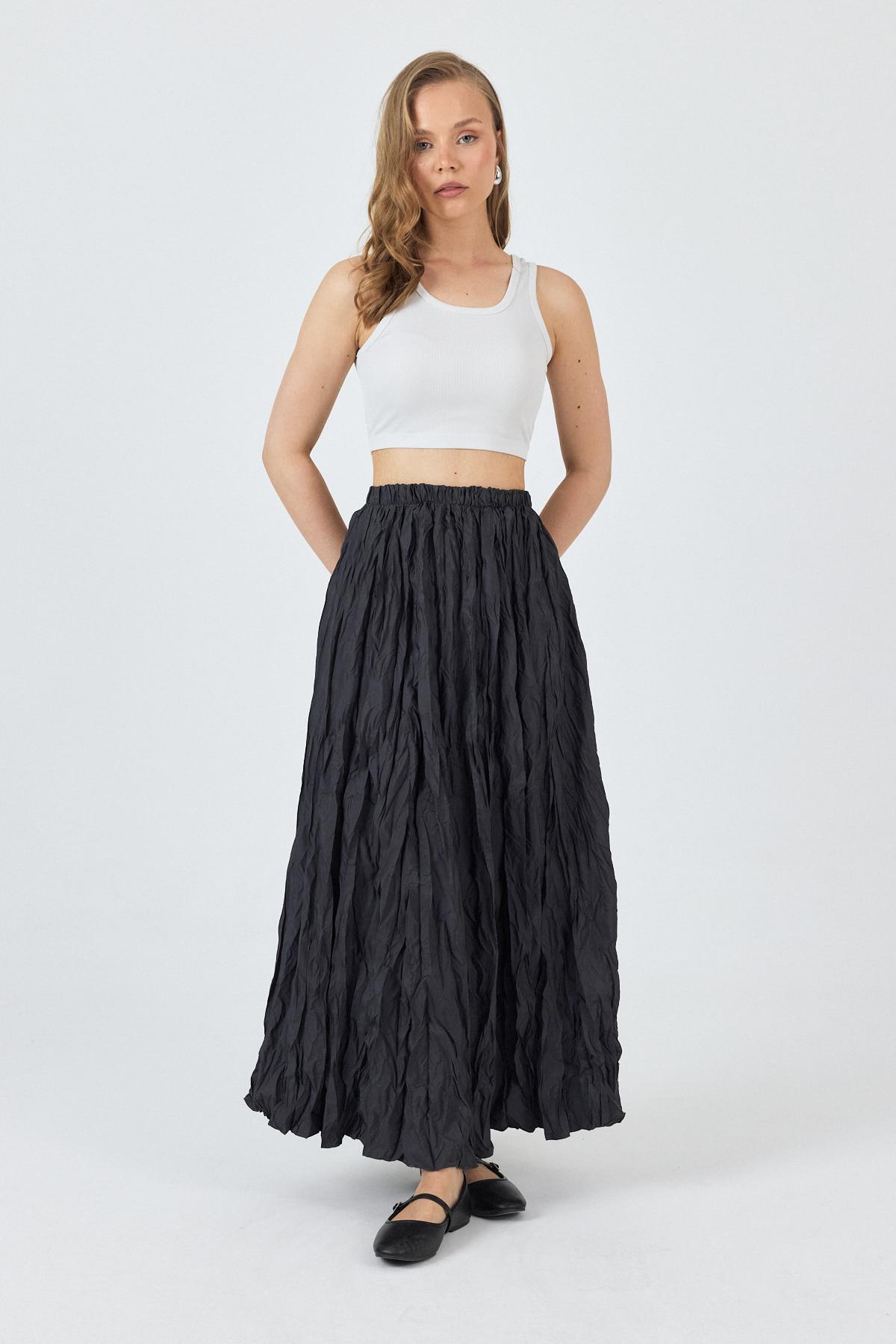Antrasit Bel Lastikli Kırışık Kumaş Etek 3483 - 3