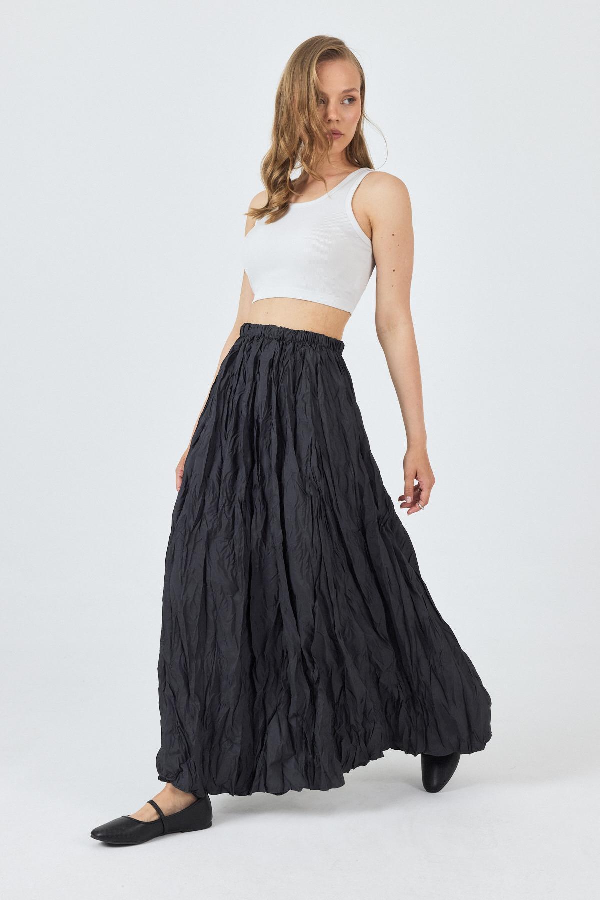 Antrasit Bel Lastikli Kırışık Kumaş Etek 3483 