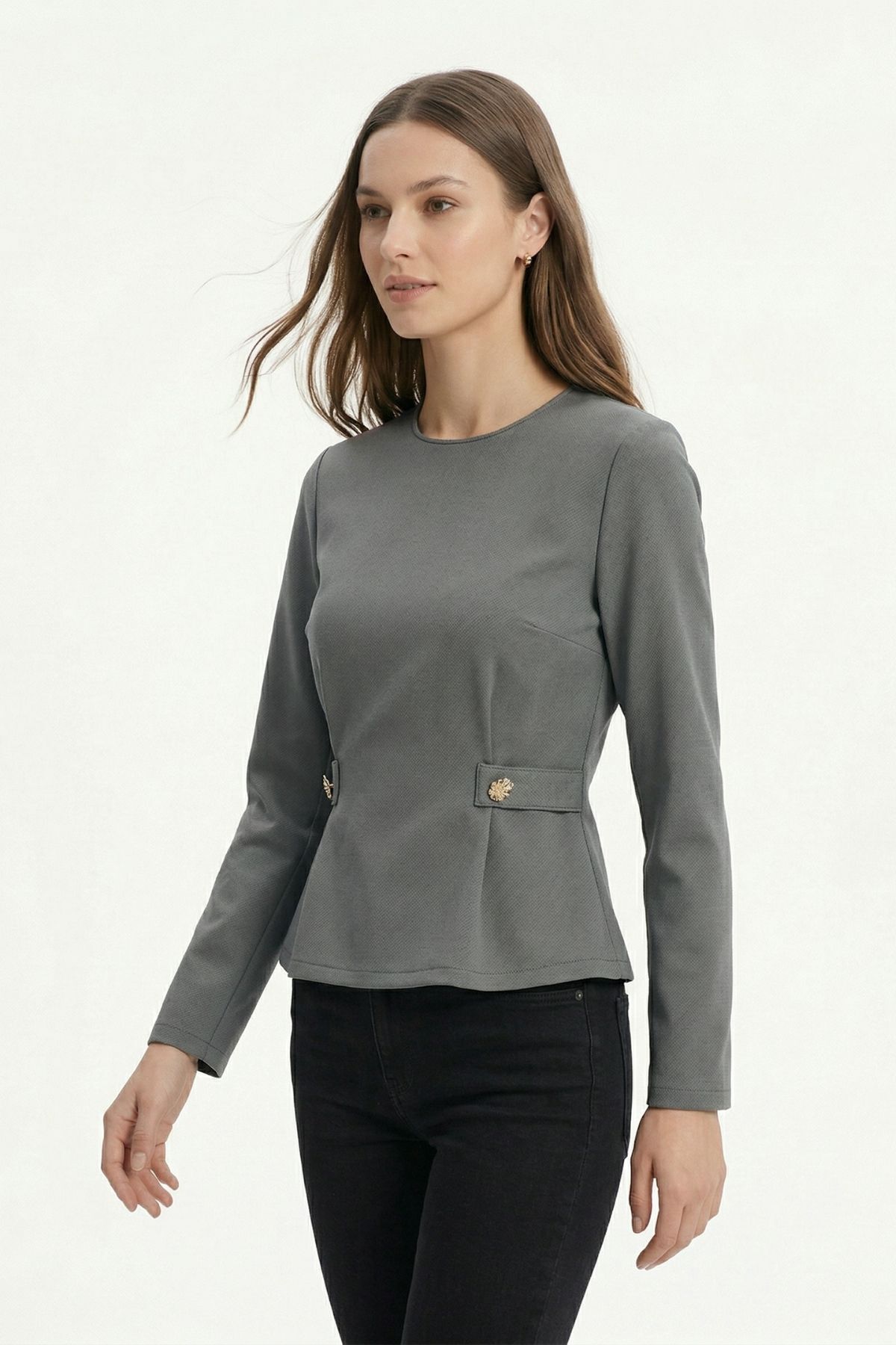 Antrasit Bisiklet Yaka Uzun Kol Düğmeli Bluz 8492A - 1