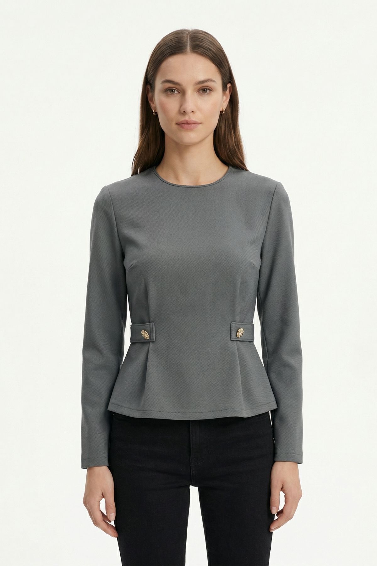 Antrasit Bisiklet Yaka Uzun Kol Düğmeli Bluz 8492A - RAYS