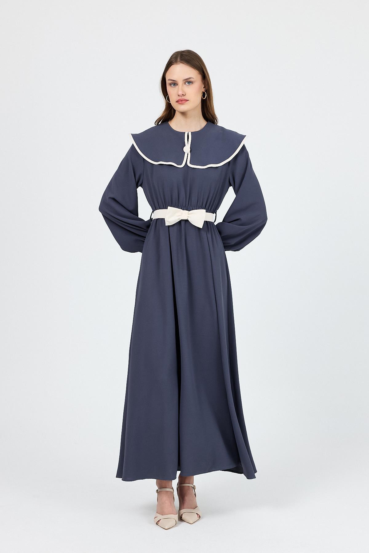 Antrasit Biye Detaylı Bebe Yaka Elbise 4413A - 2