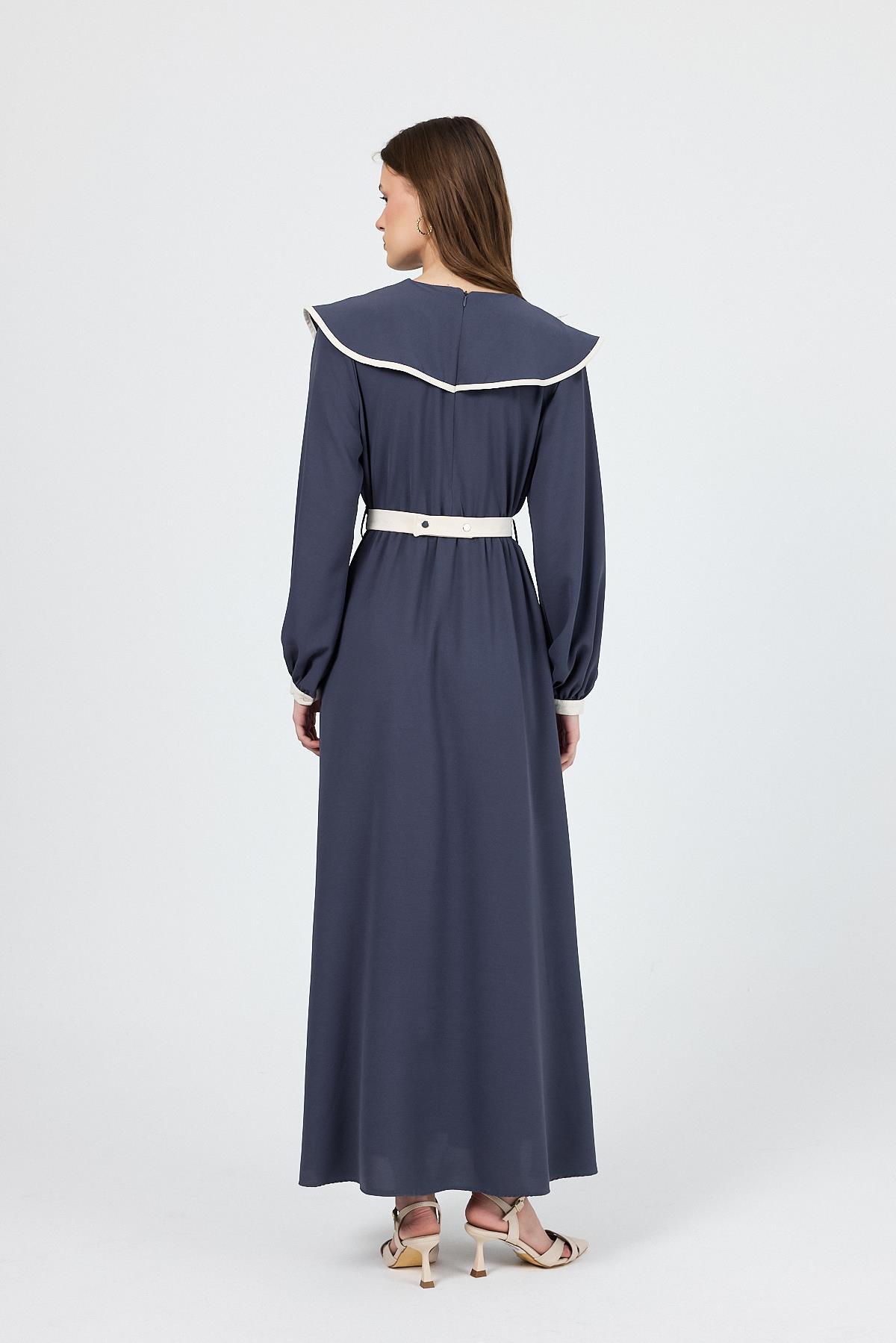 Antrasit Biye Detaylı Bebe Yaka Elbise 4413A - 5