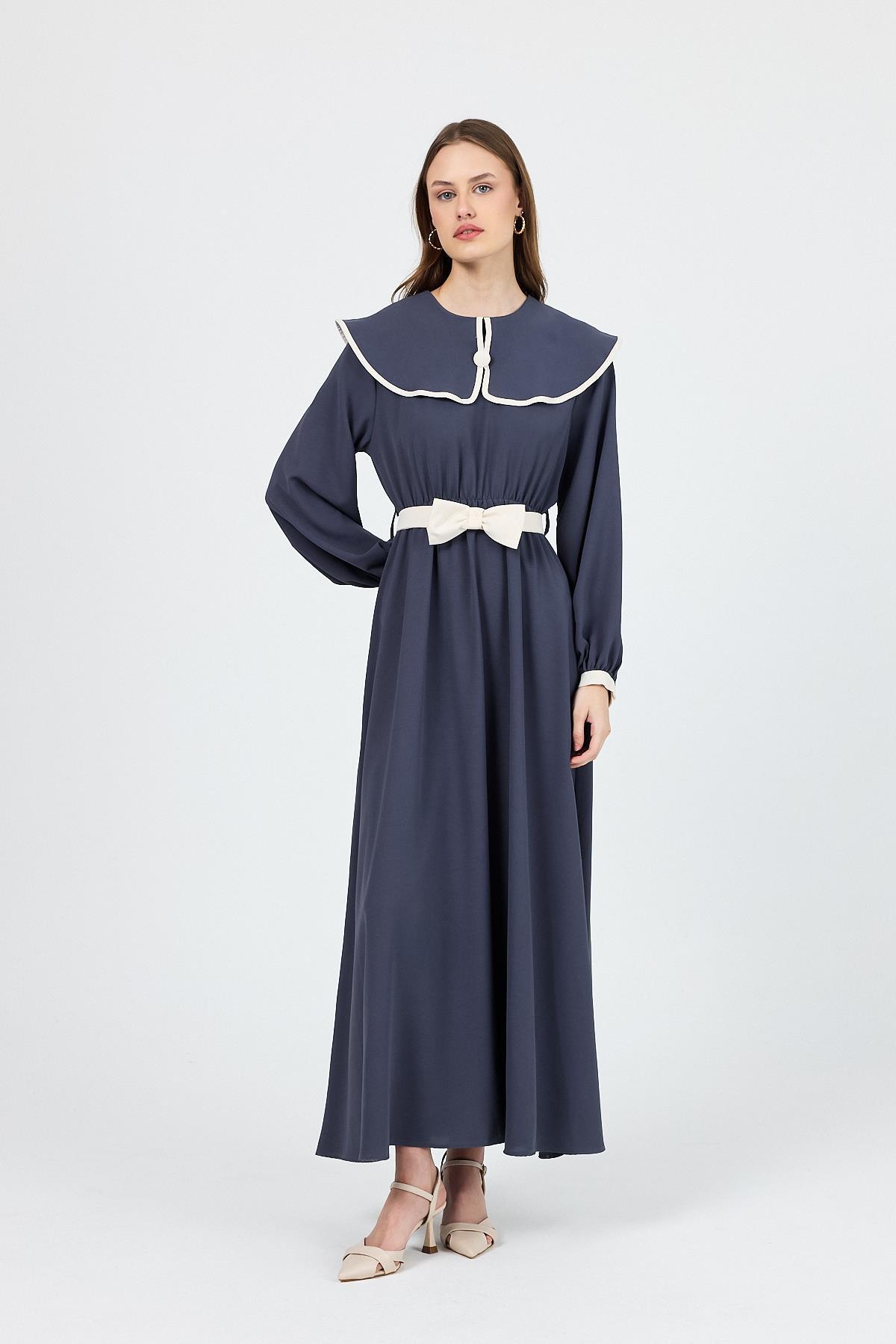 Antrasit Biye Detaylı Bebe Yaka Elbise 4413A - 7