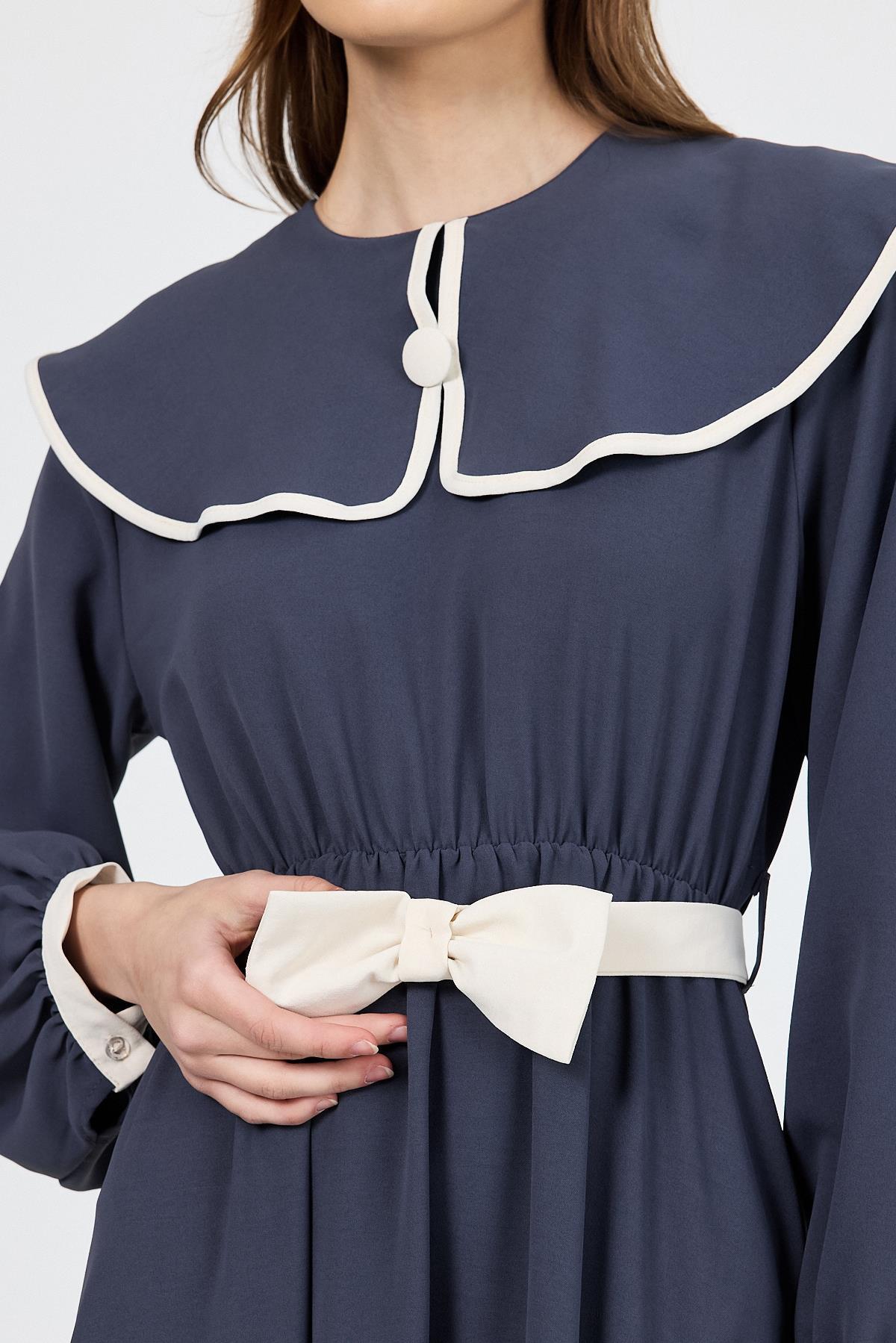 Antrasit Biye Detaylı Bebe Yaka Elbise 4413A - 8