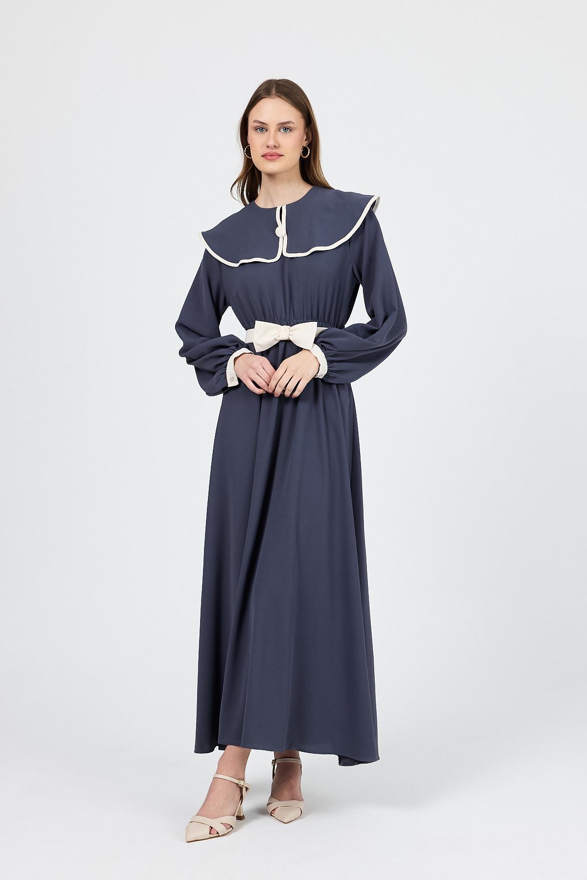 Antrasit Biye Detaylı Bebe Yaka Elbise 4413A 