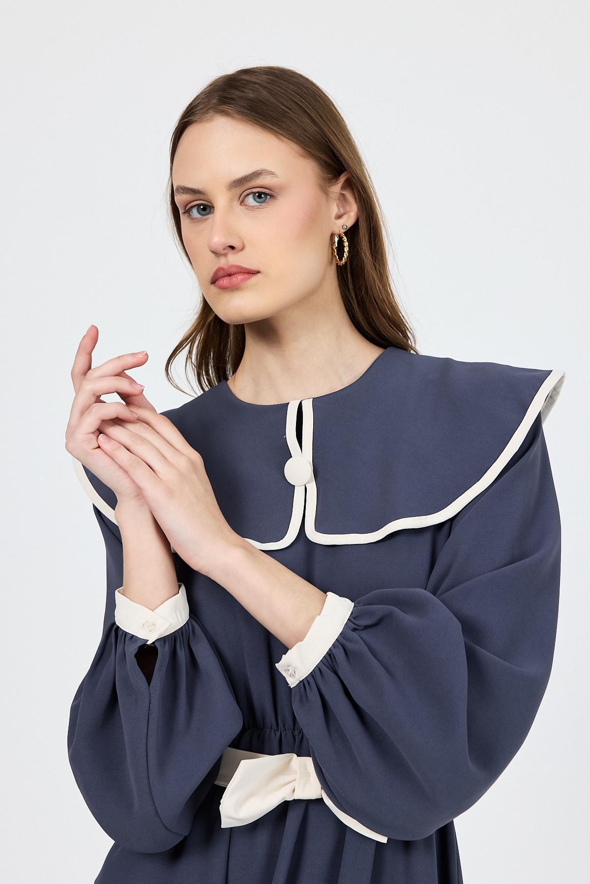 Antrasit Biye Detaylı Bebe Yaka Elbise 4413A - 3