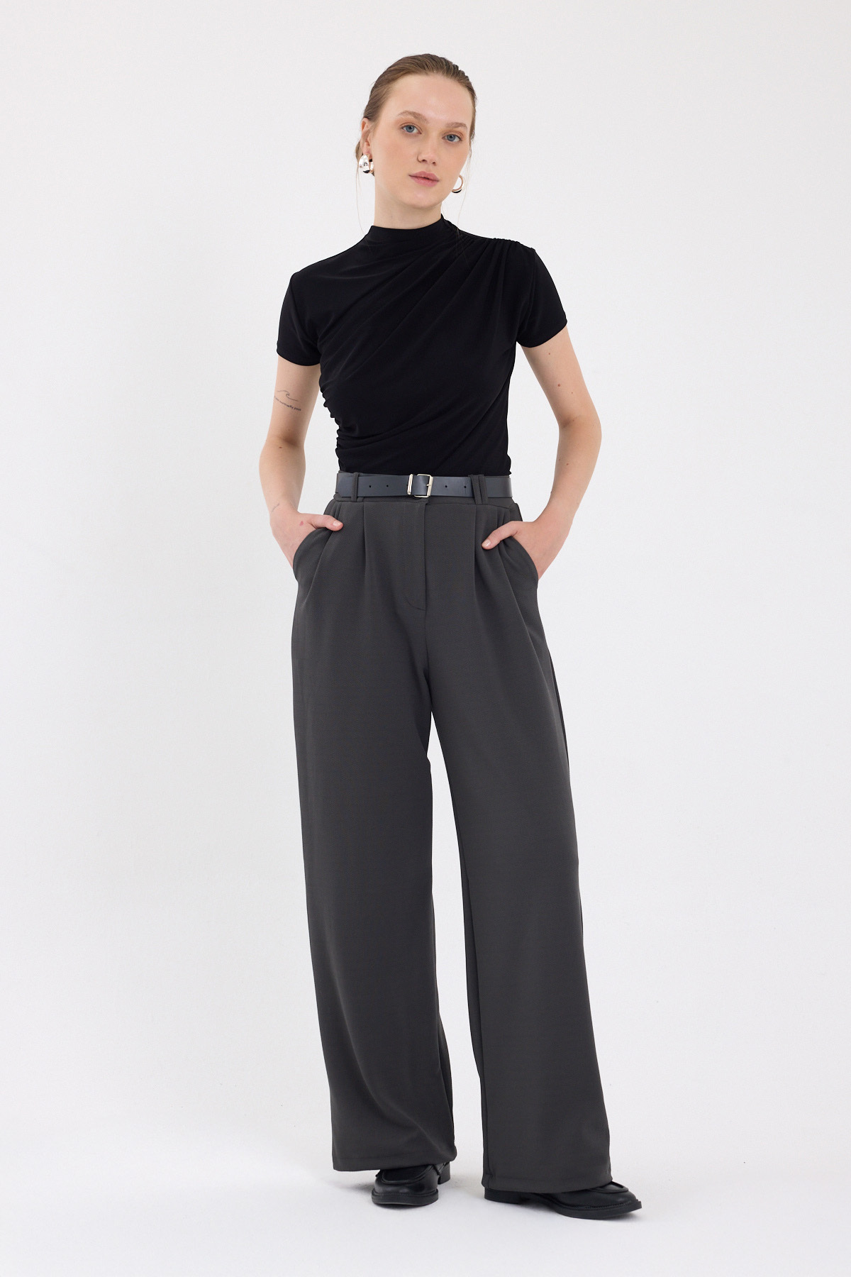 Antrasit Çift Pile Detay Kemerli Kadın Pantolon 5009 - 1