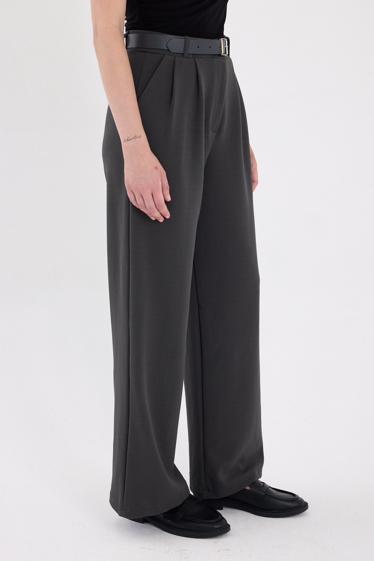 Antrasit Çift Pile Detay Kemerli Kadın Pantolon 5009 - 3