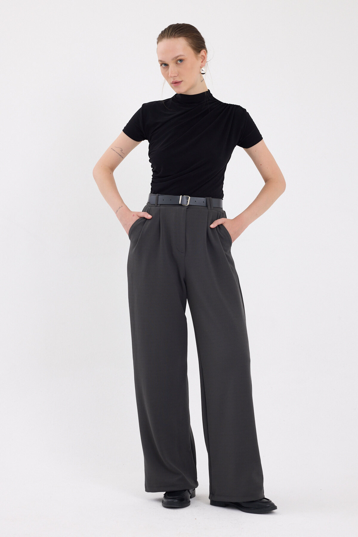Antrasit Çift Pile Detay Kemerli Kadın Pantolon 5009 - 6